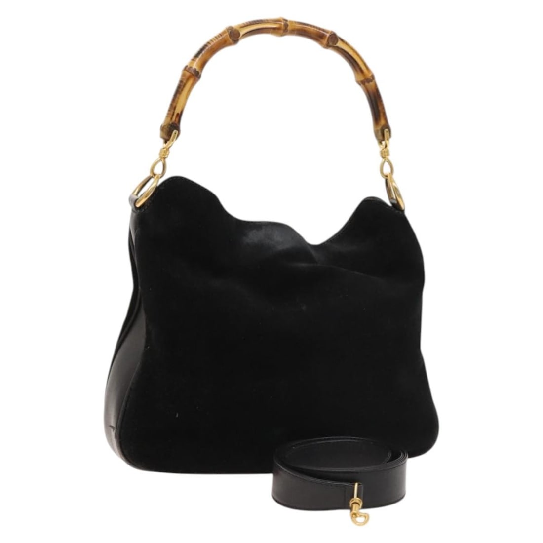 Gucci Bamboo Black Suede 2way Shoulder Bag with Gold Hardware Model 001 2404 16380: Gucci Bamboo Black Suede 2way Shoulder Bag with Gold Hardware Model 001 2404 16380 This GUCCI Bamboo Shoulder Bag is crafted from black suede with gold-tone accents and features a versatile 2-way desi