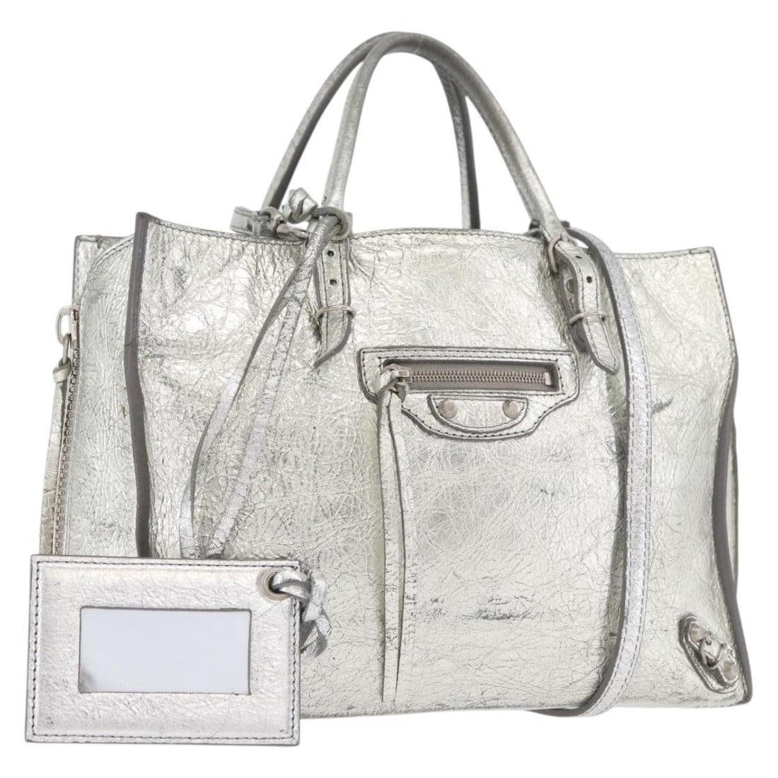 Balenciaga Silver Leather 2way Zip Hand Bag 370926 with Strap and Mirror: Balenciaga Silver Leather 2way Zip Hand Bag 370926 with Strap and Mirror This Balenciaga Paper Zip Around handbag is crafted from silver leather and offers versatile carrying options with both top han