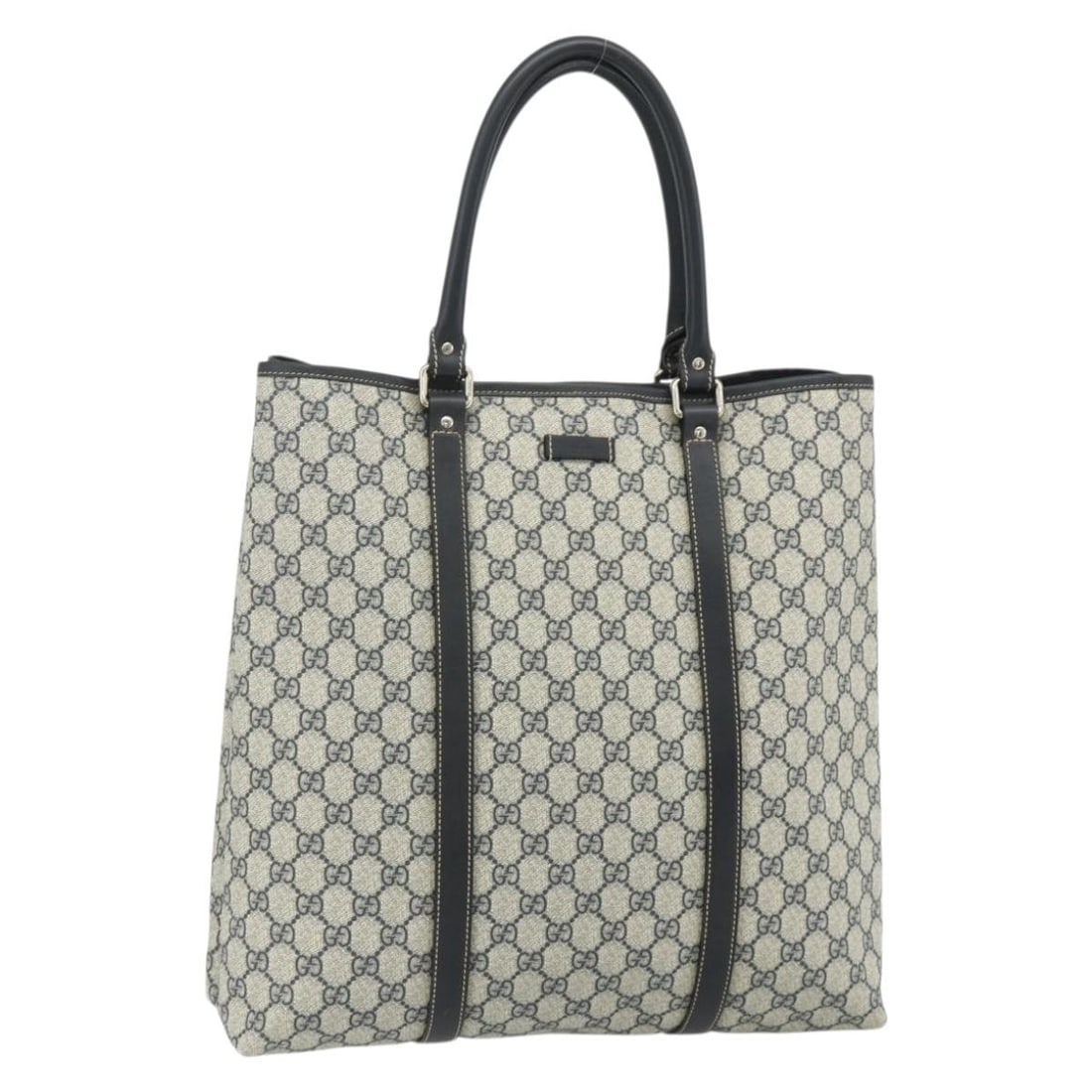 Gucci GG Supreme Navy Silver PVC Tote 223668: Gucci GG Supreme Navy Silver PVC Tote 223668 This GUCCI GG Supreme Tote Bag features a navy and silver color scheme crafted from PVC leather and GG canvas. Designed for women, the tote offers ample sp