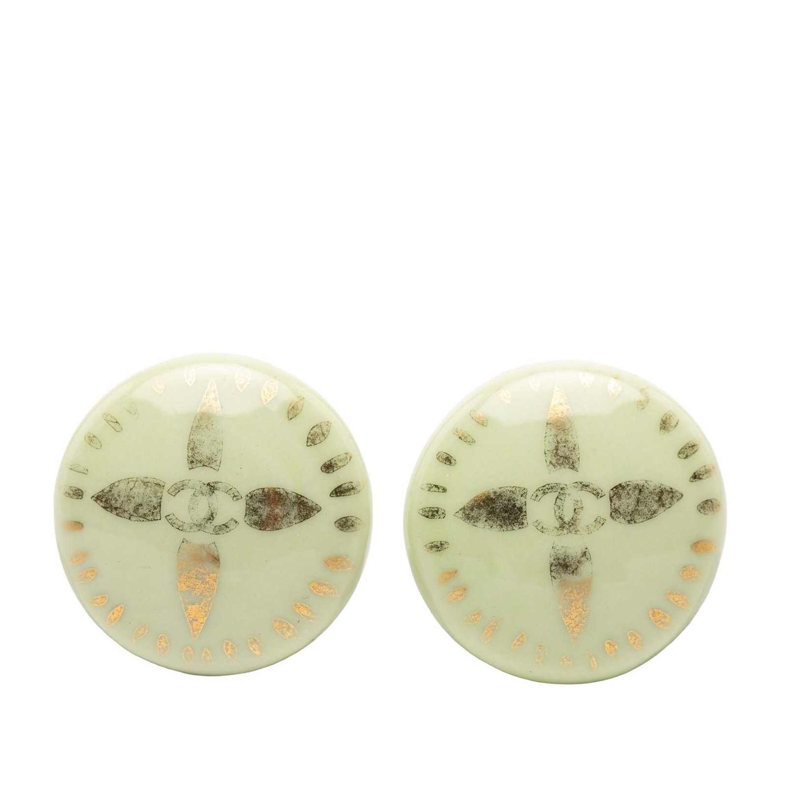 Chanel Green Resin and Gold Plated Round Clip On Earrings: Chanel Green Resin and Gold Plated Round Clip On Earrings These Chanel round clip-on earrings feature a green resin and gold-plated metal body, offering a classic costume jewelry design. The earrings 