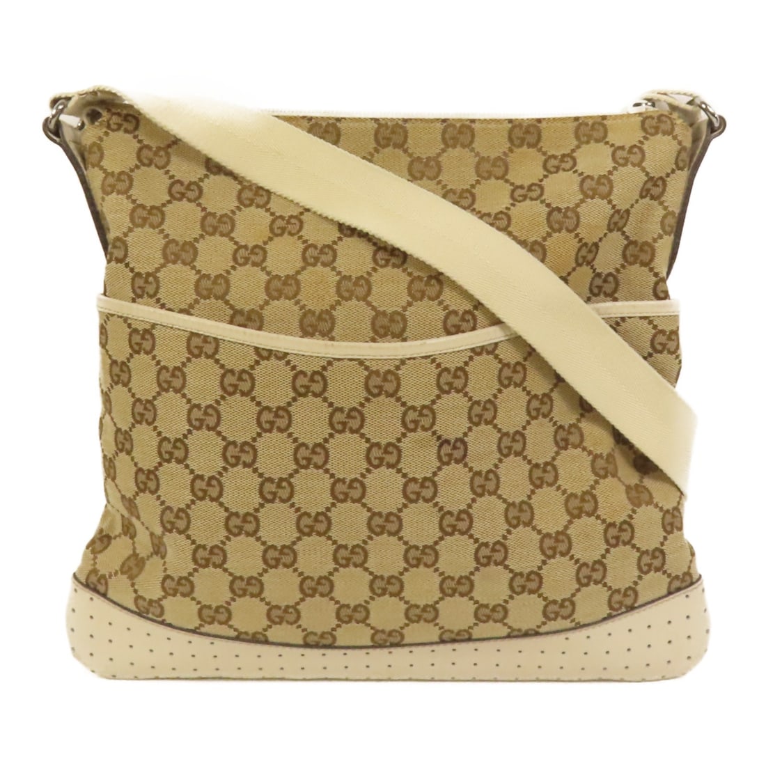 White Canvas GG Shoulder Bag by Gucci with Silver Tone Hardware: White Canvas GG Shoulder Bag by Gucci with Silver Tone Hardware This Gucci GG shoulder bag features white canvas material and a classic design. Made in Italy, it offers a regular size and is designed 
