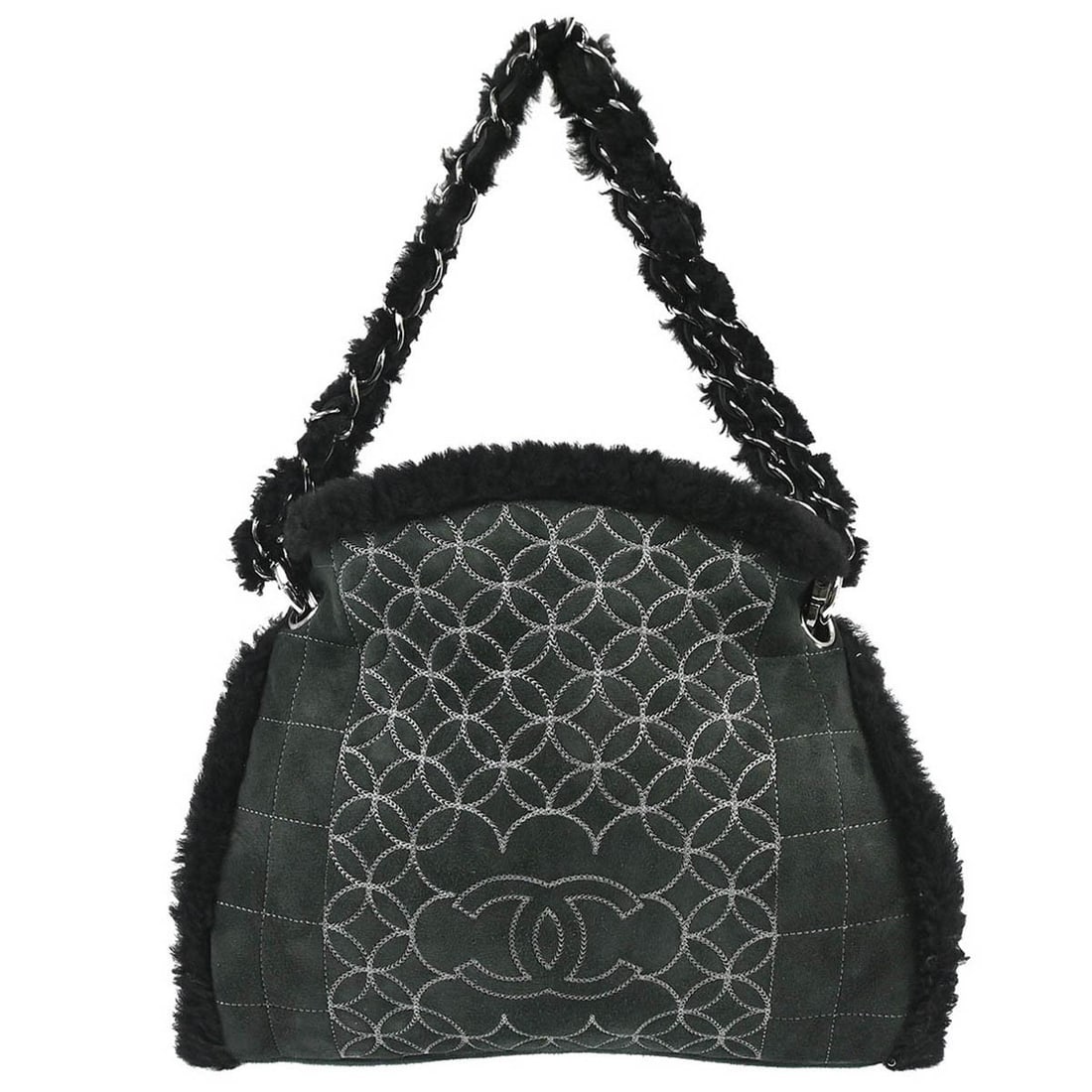 Chanel Mouton Black Medium Tote Bag with Double Handles: Chanel Mouton Black Medium Tote Bag with Double Handles This Chanel Choco Bar tote handbag features a luxurious black mouton exterior and a classic double handle design. It has a medium size with a ma