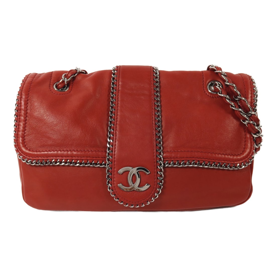 Red Lambskin Shoulder Bag by CHANEL with Silver Hardware: Red Lambskin Shoulder Bag by CHANEL with Silver Hardware This CHANEL shoulder bag features luxurious red lambskin leather with silver-tone hardware, designed for women. The bag offers a classic silhou