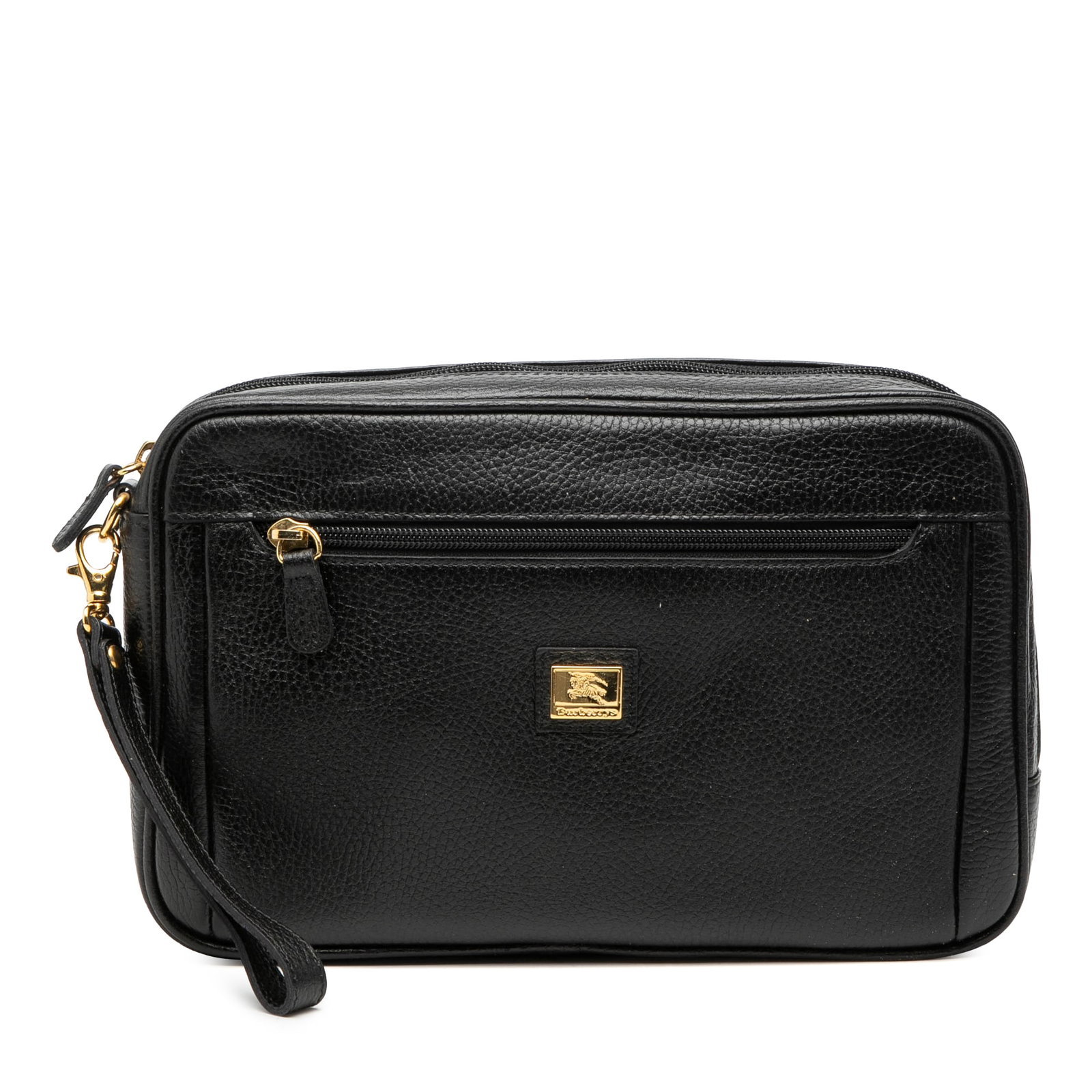 Black Leather Wristlet Clutch by Burberry with Zip Pockets: Black Leather Wristlet Clutch by Burberry with Zip Pockets This Burberry leather clutch features a sleek black leather exterior with a flat leather wrist strap, top zip closure, and an exterior front 