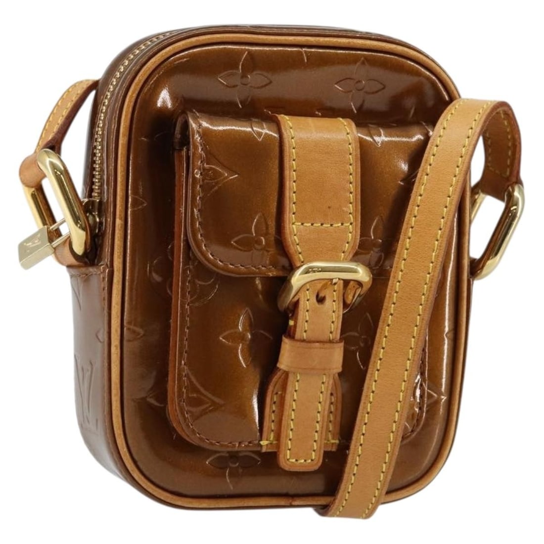 Louis Vuitton Christie PM Bronze Patent Leather Shoulder Bag M91111: Louis Vuitton Christie PM Bronze Patent Leather Shoulder Bag M91111 This Louis Vuitton Monogram Vernis Christie PM Shoulder Bag features a bronze patent leather exterior with the signature monogram de