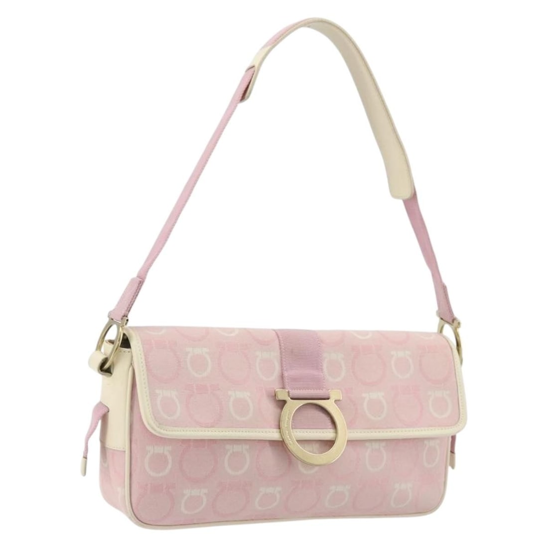 Salvatore Ferragamo Pink Gold Canvas Gancini Shoulder Bag: Salvatore Ferragamo Pink Gold Canvas Gancini Shoulder Bag This Salvatore Ferragamo Gancini shoulder bag features a stylish pink and gold canvas exterior. Designed for women, the bag is crafted in Ital