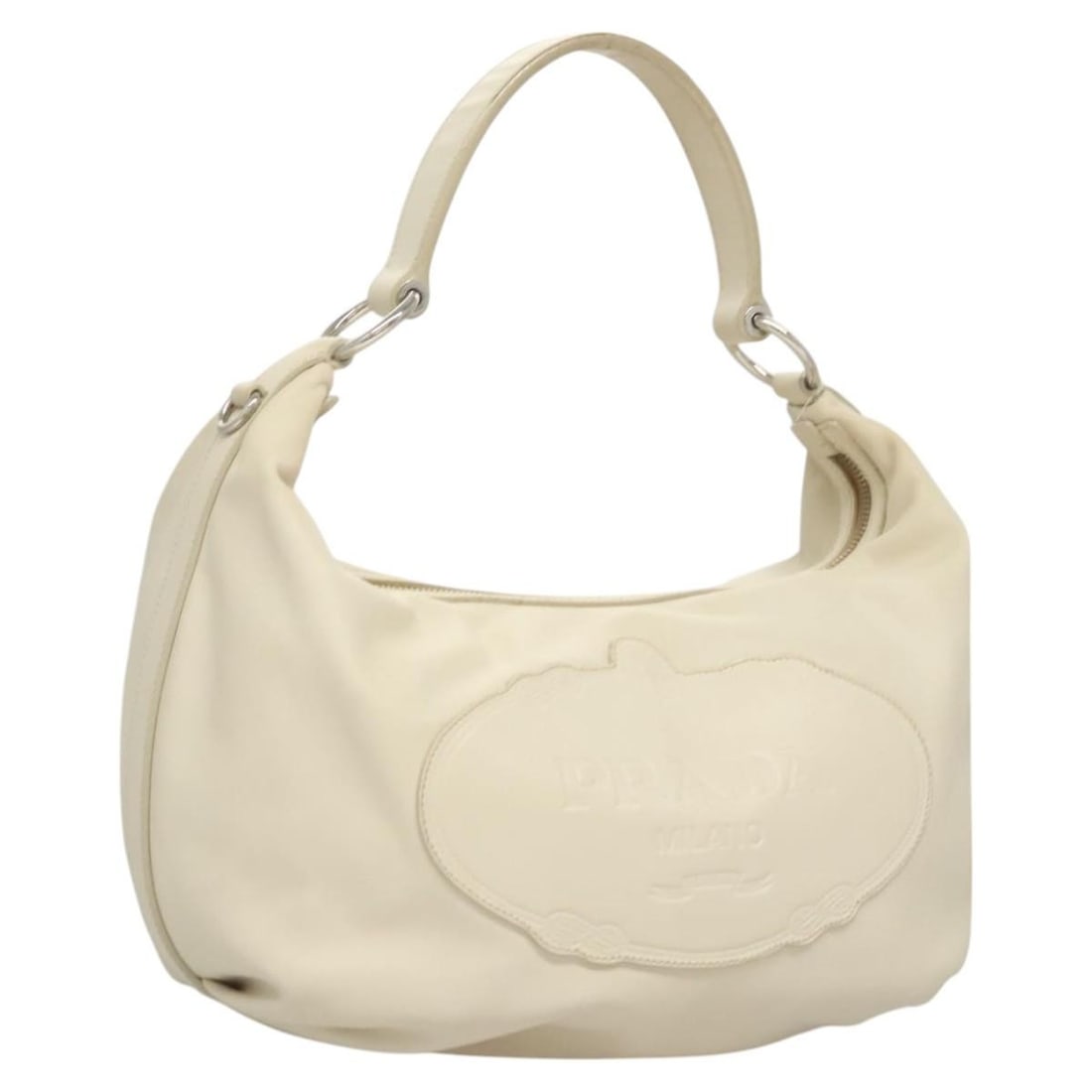 Prada White Leather Shoulder Bag with Silver Accents for Women: Prada White Leather Shoulder Bag with Silver Accents for Women This PRADA shoulder bag features a white and silver leather exterior, designed for women. Made in Italy, the bag offers a sophisticated l