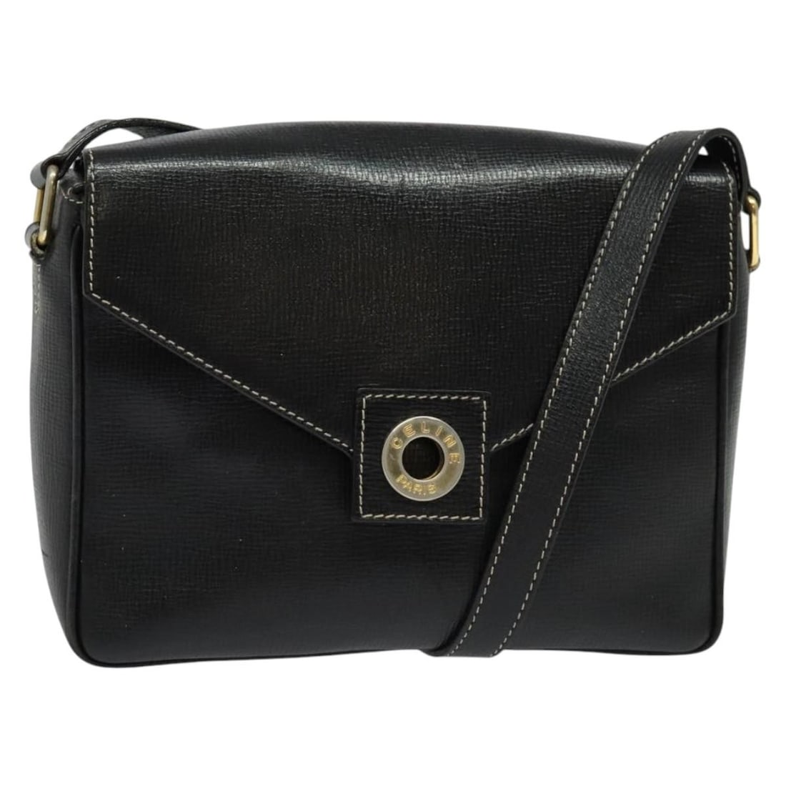CELINE Black Gold Leather Shoulder Bag Auth M10 Italy: CELINE Black Gold Leather Shoulder Bag Auth M10 Italy This authentic CELINE shoulder bag combines elegance and practicality with its luxurious black leather exterior highlighted by gold accents. Desig