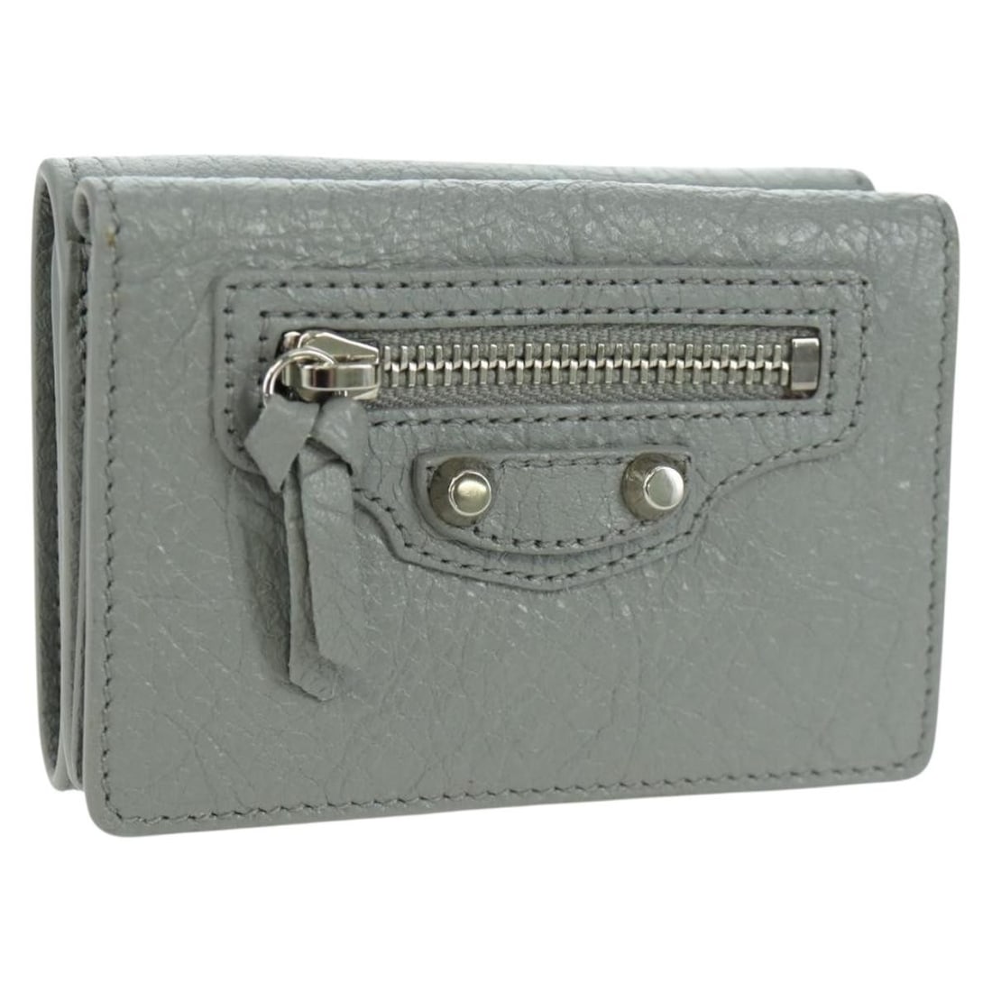 Balenciaga Gray Silver Lamb Skin Trifold Wallet 477455: Balenciaga Gray Silver Lamb Skin Trifold Wallet 477455 This Balenciaga Classic Mini Trifold Wallet is crafted from luxurious lambskin leather in a sophisticated gray and silver color combination. Desi