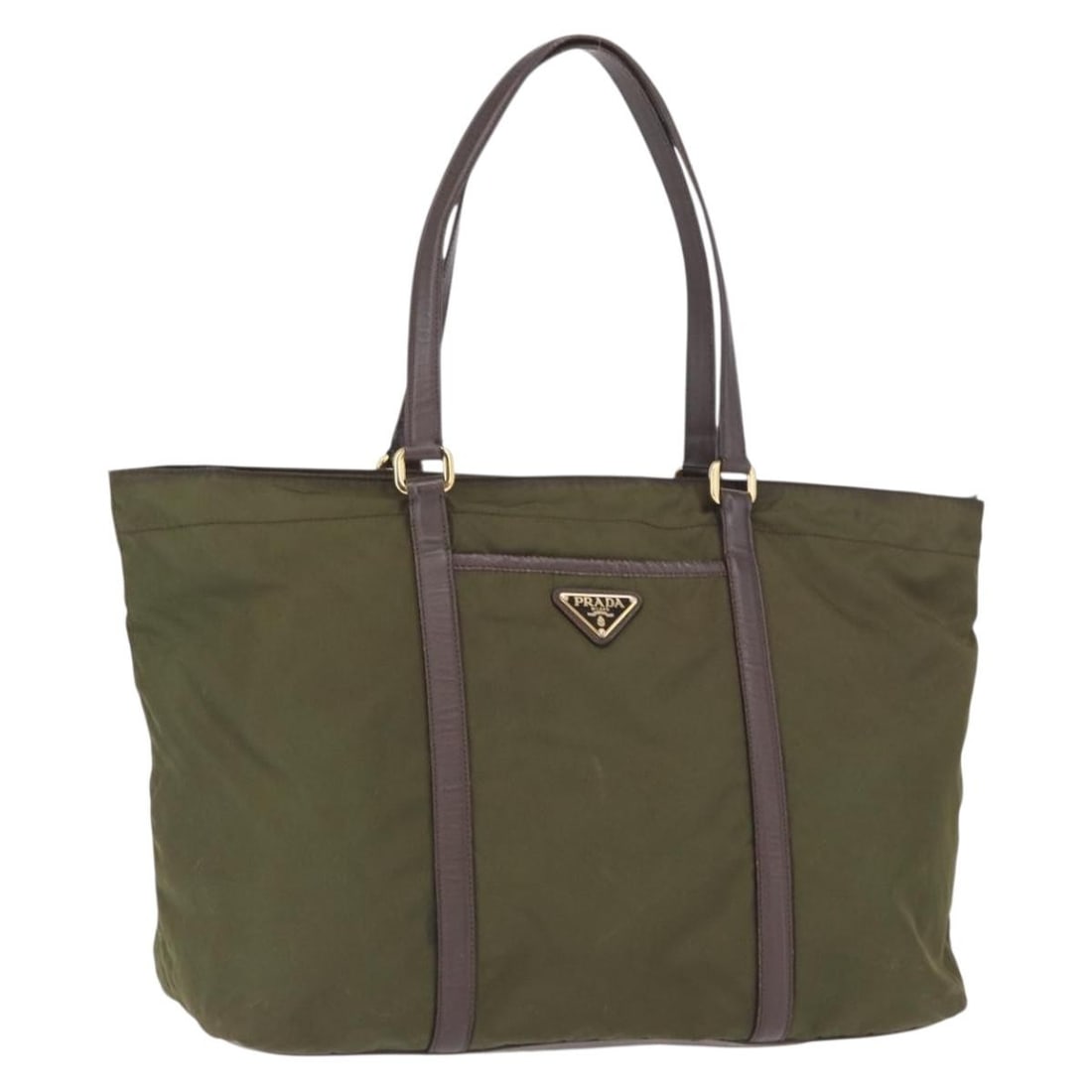 Prada Khaki Nylon Tote Handbag Gold Tone Hardware Made in Italy: Prada Khaki Nylon Tote Handbag Gold Tone Hardware Made in Italy This PRADA tote bag features a khaki nylon exterior with gold accents and offers a spacious interior, making it suitable for everyday us