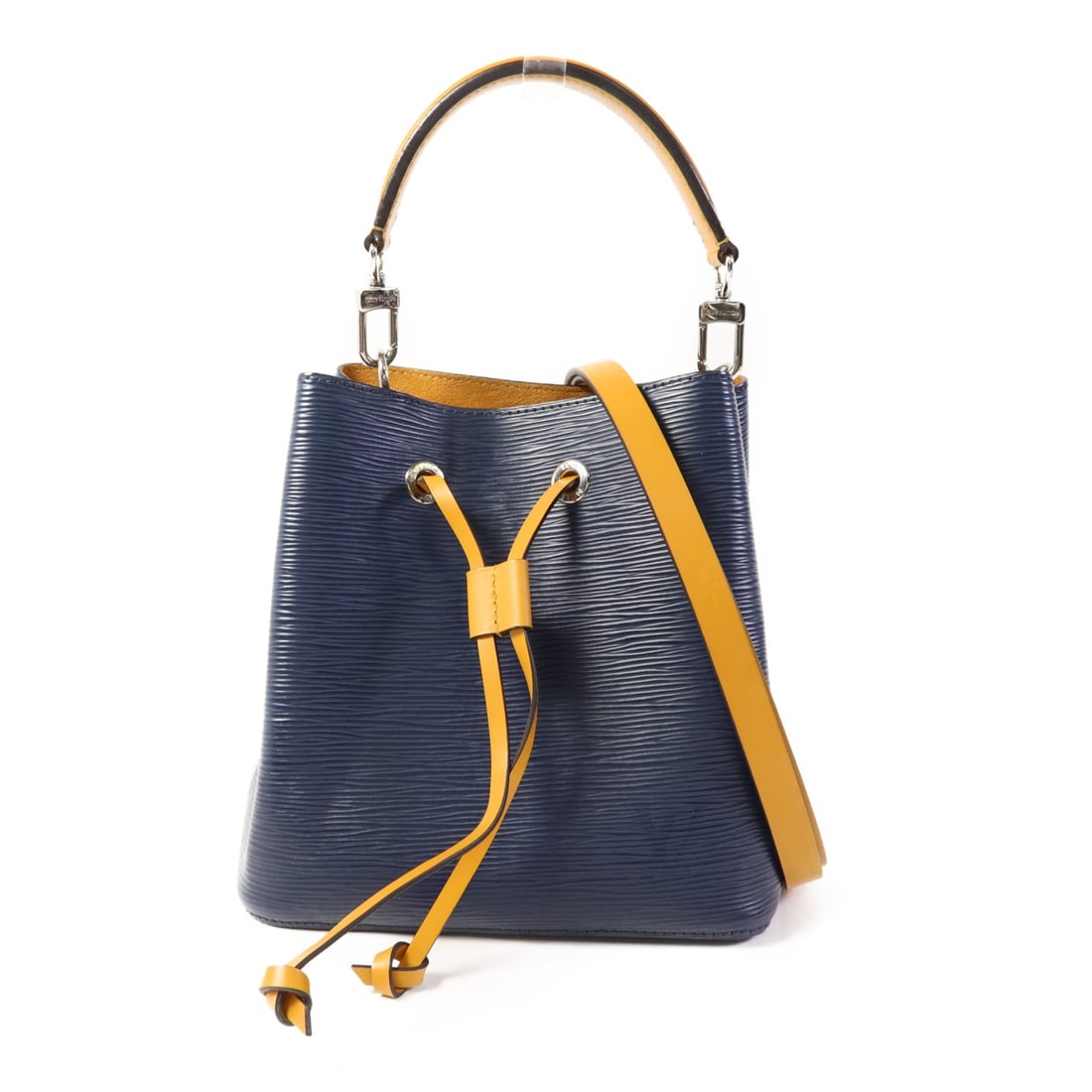 LOUIS VUITTON Neo Noe BB 2 Way Bag M53610 Epi Leather Navy Yellow: LOUIS VUITTON Neo Noe BB 2 Way Bag M53610 Epi Leather Navy Yellow Experience luxury with the LOUIS VUITTON Neo Noe BB 2 Way Bag, expertly crafted from premium calfskin leather. This stylish shoulder b