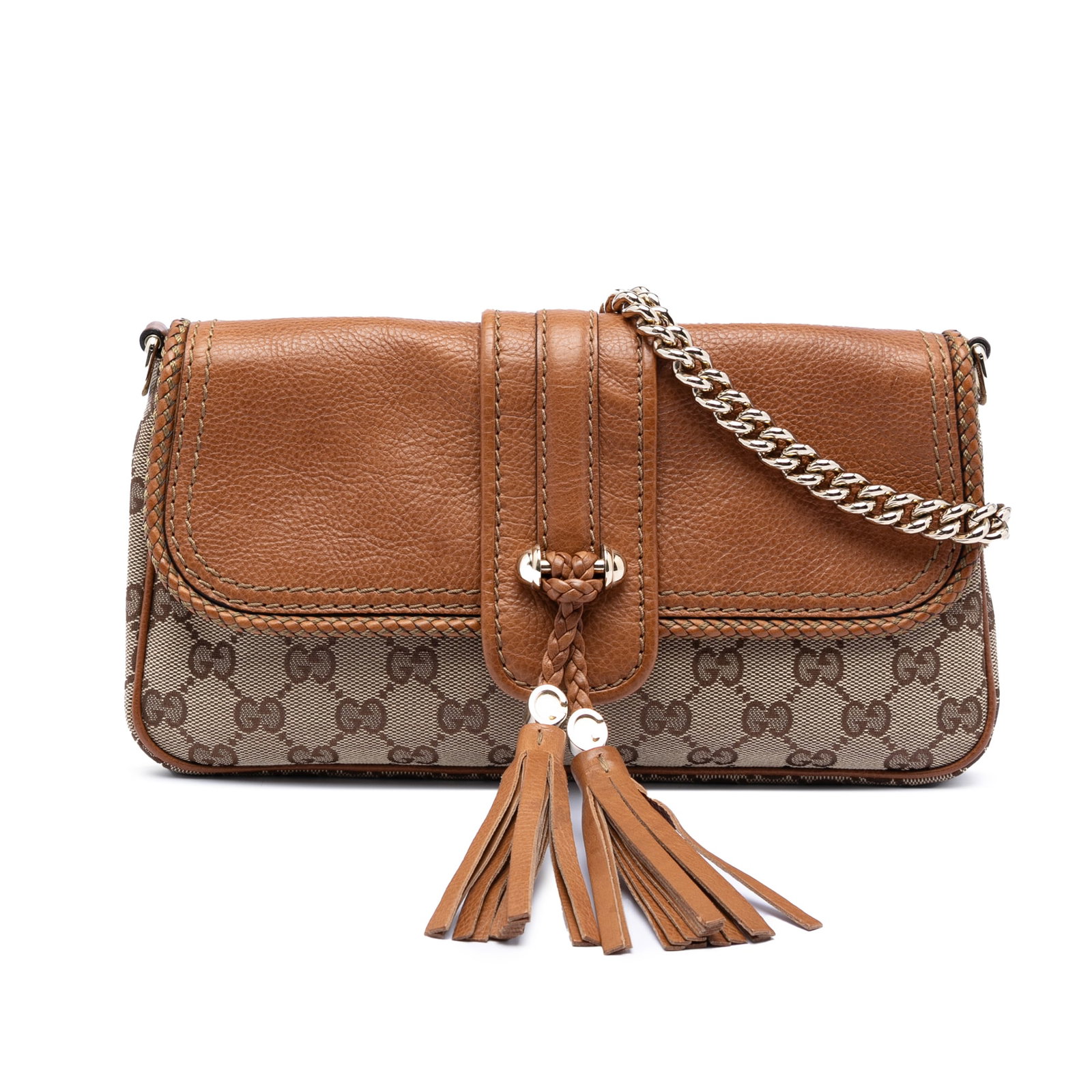 GG Canvas Marrakech Beige Shoulder Bag with Leather Trim by Gucci: GG Canvas Marrakech Beige Shoulder Bag with Leather Trim by Gucci This Gucci GG Canvas Marrakech Shoulder Bag features a beige canvas body with leather trim, a detachable chain-link strap, a front fla