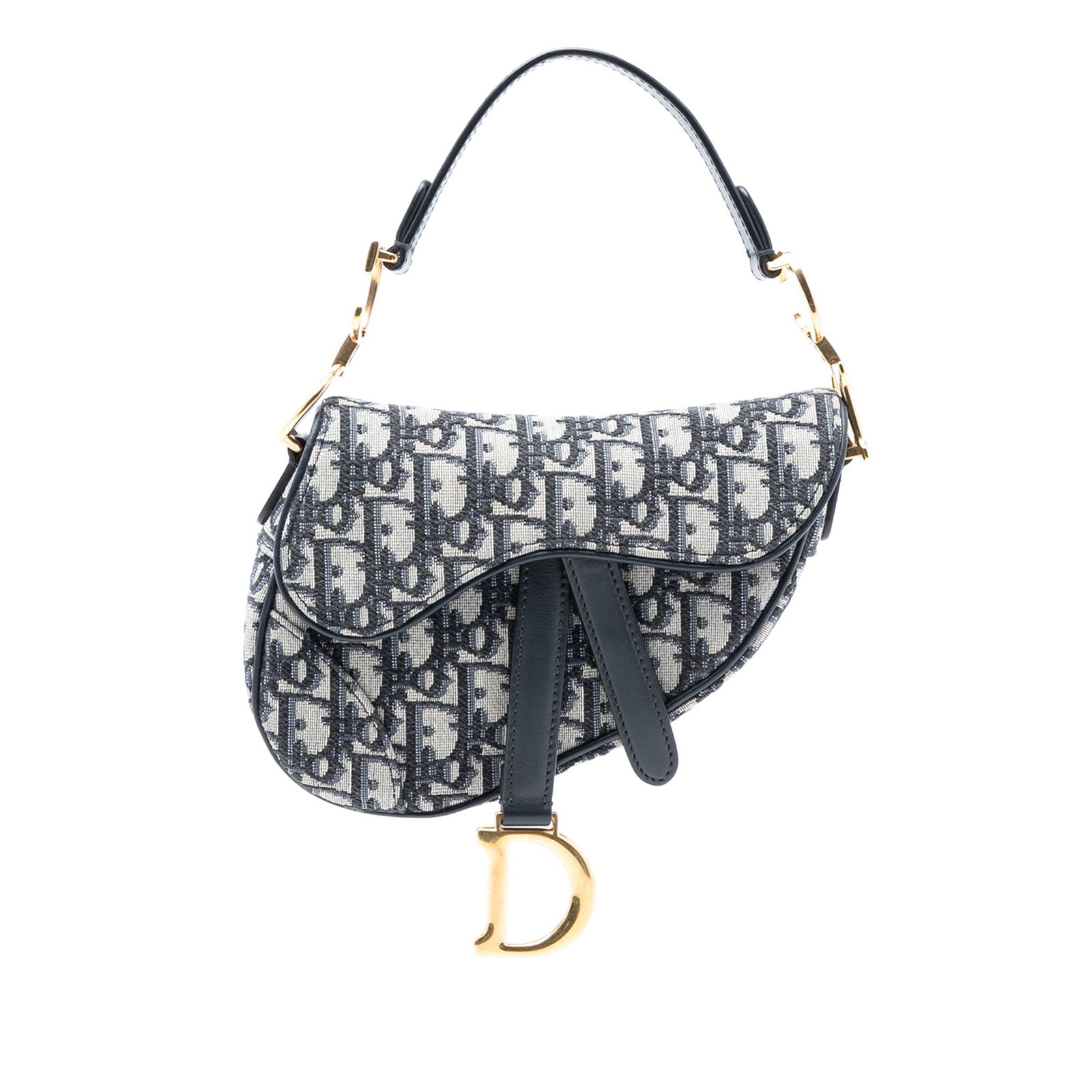 Dior Mini Saddle Bag Blue Oblique Canvas with Leather Handle: Dior Mini Saddle Bag Blue Oblique Canvas with Leather Handle This Dior Mini Oblique Canvas Saddle Bag features a canvas body with a distinctive blue Oblique pattern, a flat leather handle, a flap with
