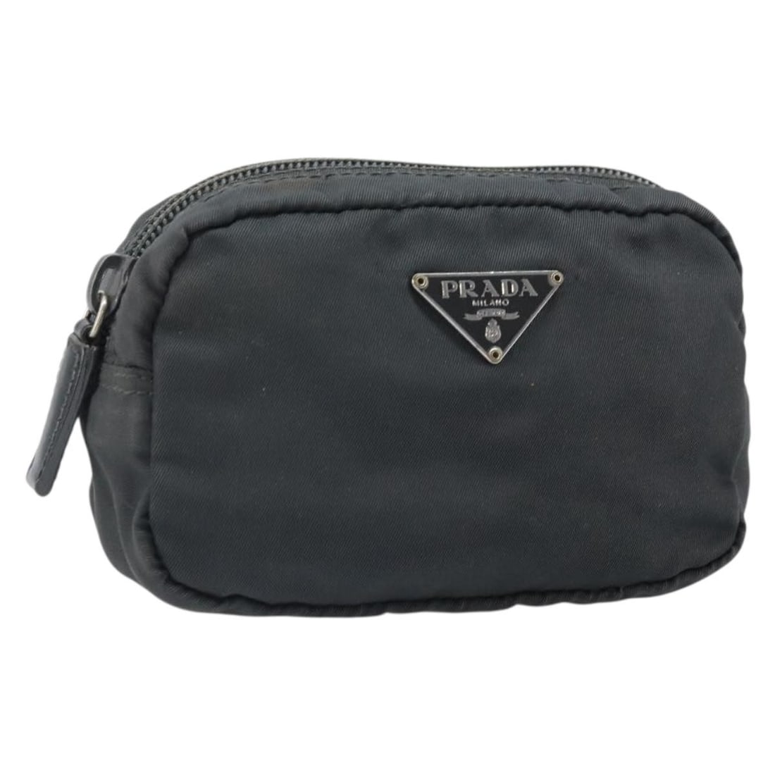 Black Nylon Prada Pouch for Women Made in Italy: Black Nylon Prada Pouch for Women Made in Italy This PRADA pouch is crafted from black nylon and designed for women. Made in Italy, it features a compact structure with notable signs of heavy use, inc