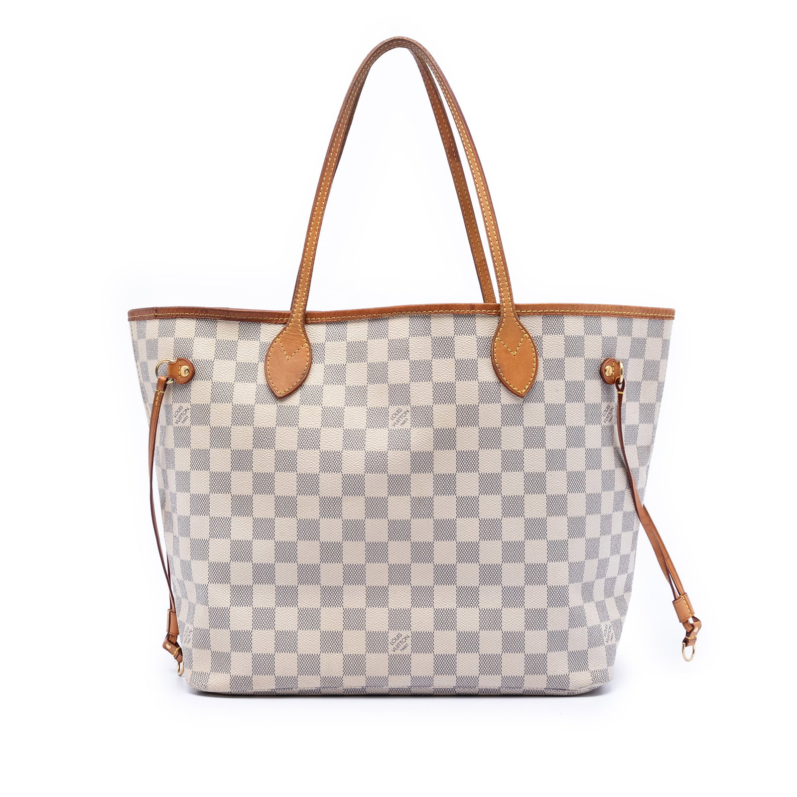 Louis Vuitton Neverfull MM Tote in Damier Azur Canvas with Vachetta Leather Trim: Louis Vuitton Neverfull MM Tote in Damier Azur Canvas with Vachetta Leather Trim The Louis Vuitton Damier Azur Neverfull MM features a damier azur canvas body with vachetta leather trim and flat vache