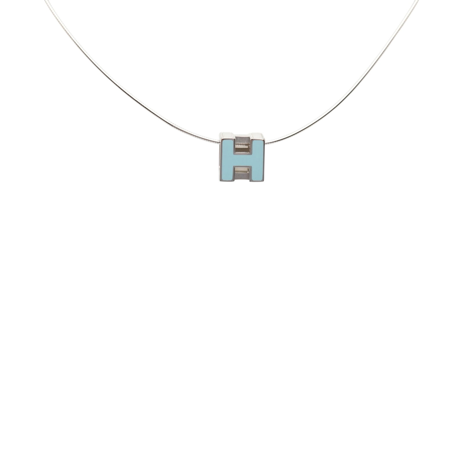 Hermes Enamel H Cube Necklace with Palladium Finish and Silver Tone Chain: Hermes Enamel H Cube Necklace with Palladium Finish and Silver Tone Chain This necklace features a silver-tone chain with an H-shaped cube pendant, finished with a lobster clasp closure. The piece is 