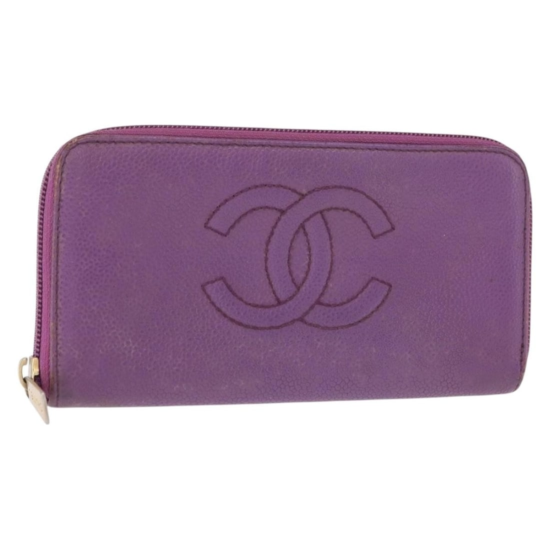CHANEL Coco Mark Long Wallet Purple Gold Caviar Skin Auth 156066: CHANEL Coco Mark Long Wallet Purple Gold Caviar Skin Auth 156066 This CHANEL COCO Mark Long Wallet is a stylish accessory crafted from luxurious grained calfskin, featuring a striking purple and gold 