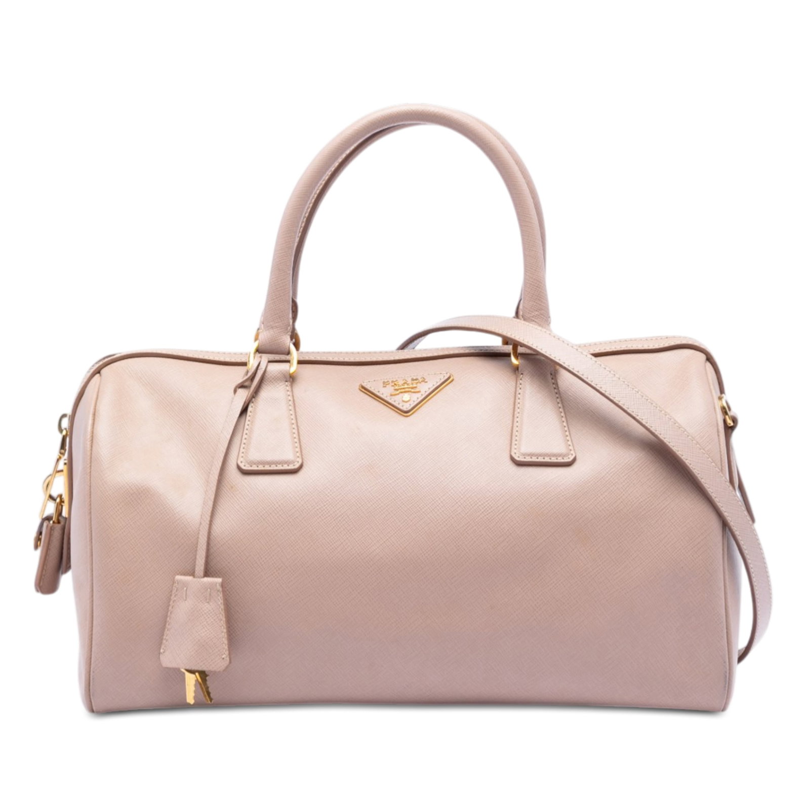 Pink Saffiano Leather Satchel with Detachable Strap by Prada: Pink Saffiano Leather Satchel with Detachable Strap by Prada This Prada Saffiano Lux Convertible Bowler Bag is crafted from pink saffiano leather and features rolled leather handles, a detachable flat
