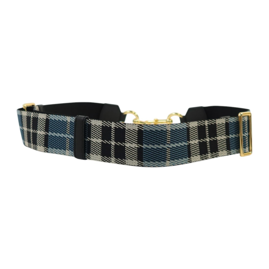 Canvas Shoulder Strap with Gold Hardware by Marc Jacobs in Black Blue White: Canvas Shoulder Strap with Gold Hardware by Marc Jacobs in Black Blue White This Marc Jacobs shoulder strap is crafted from durable canvas in black, blue, and white. Designed for women, it features go