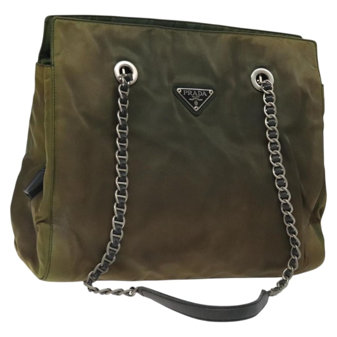Prada khaki nylon shoulder bag with silver chain Italy: Prada khaki nylon shoulder bag with silver chain Italy This PRADA chain shoulder bag is crafted from durable khaki nylon with silver-tone accents. Designed for women, it features a spacious main compa