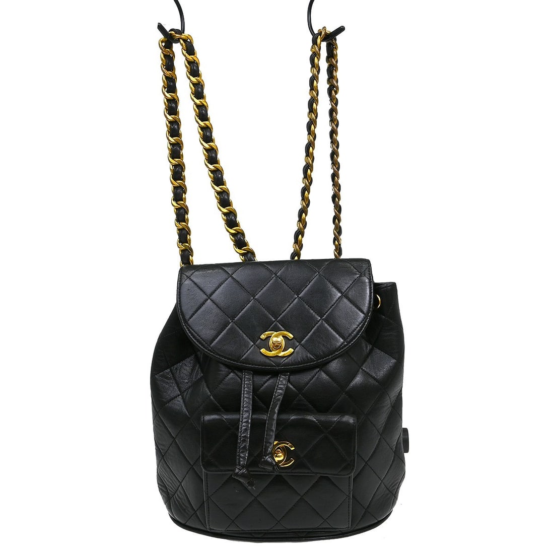 CHANEL Duma Black Lambskin Turn Lock Backpack: CHANEL Duma Black Lambskin Turn Lock Backpack This Chanel Duma backpack features a classic black lambskin leather exterior with a turn lock closure. Designed for women, it offers a compact size with a