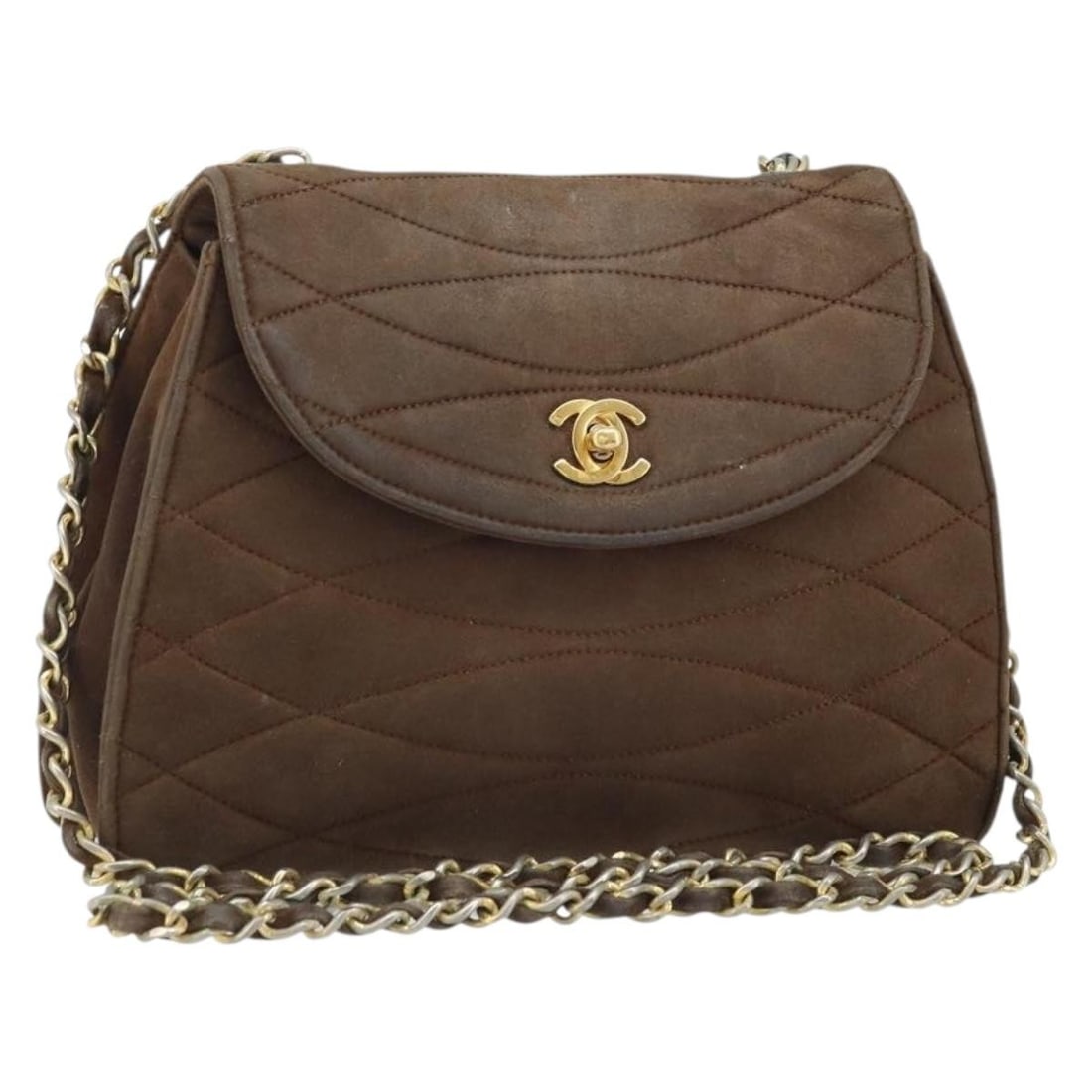 Chanel Brown Suede Chain Shoulder Bag with Gold CC Logo: Chanel Brown Suede Chain Shoulder Bag with Gold CC Logo This CHANEL chain shoulder bag is crafted from brown suede with gold-tone accents and features the iconic CC logo. Designed for women, it offers