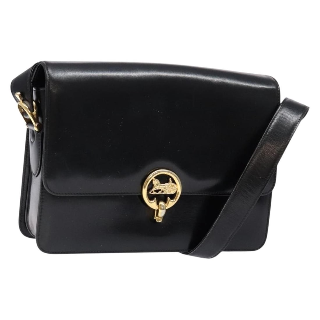 CELINE Black Gold Leather Horse Carriage Shoulder Bag Made in Italy: CELINE Black Gold Leather Horse Carriage Shoulder Bag Made in Italy This CELINE Horse Carriage Shoulder Bag is a striking combination of black leather with gold accents, designed for stylish functiona