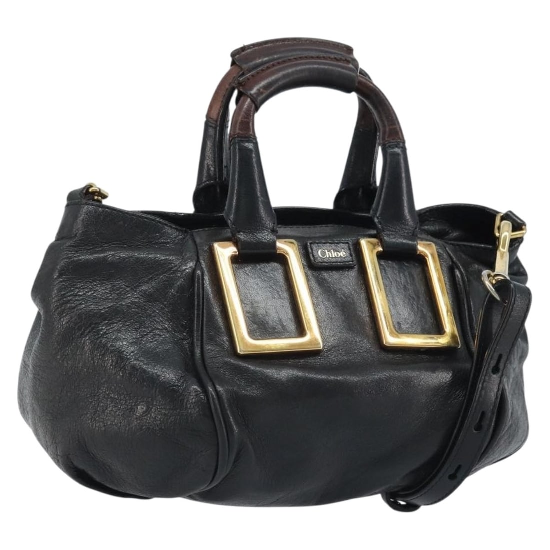 Chloe Etel Black Leather Convertible Handbag with Gold Accents and Shoulder Strap: Chloe Etel Black Leather Convertible Handbag with Gold Accents and Shoulder Strap This Chloe Etel 2-way handbag is crafted from black leather with gold-tone accents and features both top handles and a