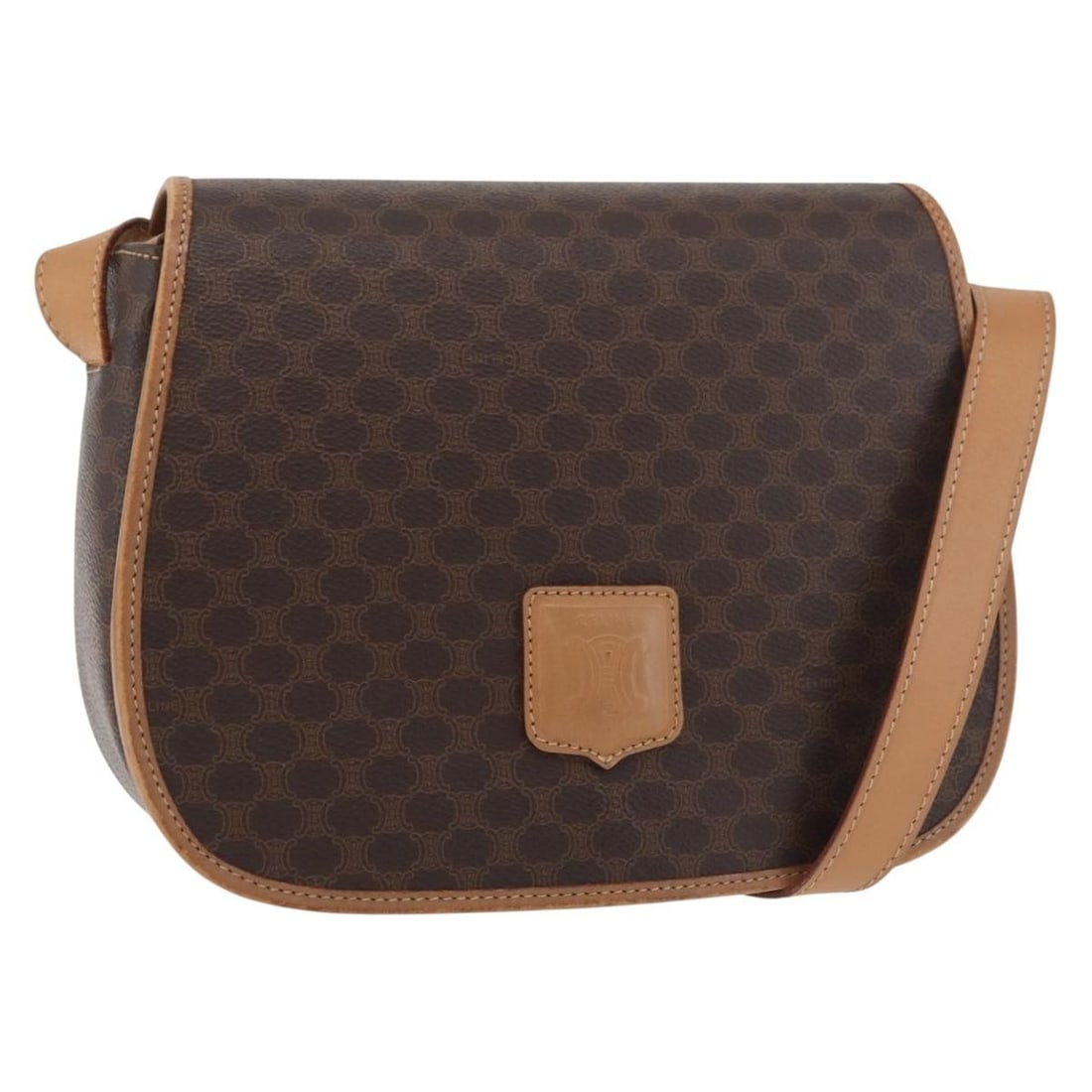 CELINE Macadam Canvas Brown Gold Shoulder Bag Italy: CELINE Macadam Canvas Brown Gold Shoulder Bag Italy This CELINE shoulder bag features the classic Macadam canvas design, crafted from PVC leather in brown and gold tones. Made in Italy, it offers a co