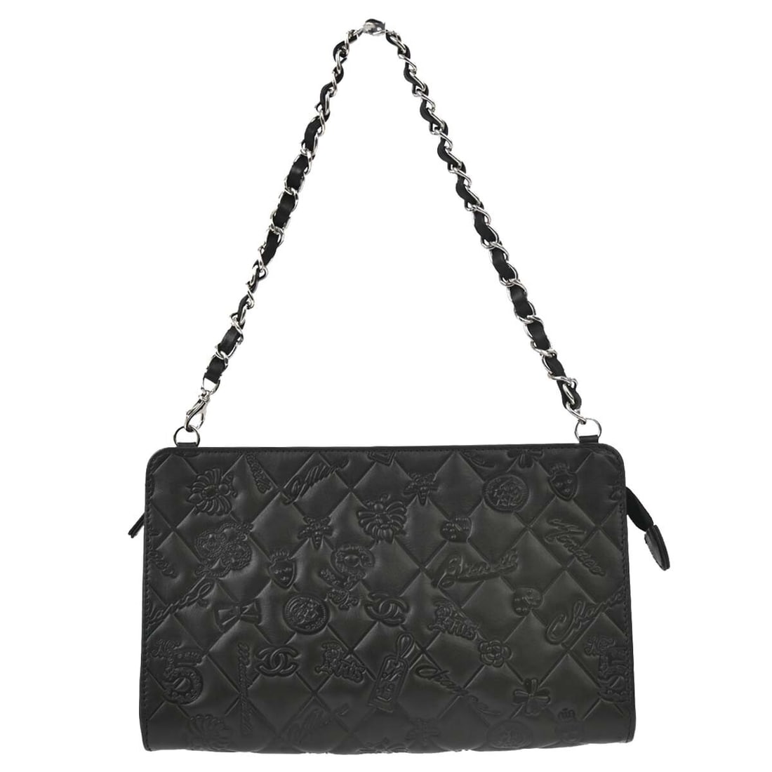 Chanel Black Lambskin Icon Chain Top Handle Handbag: Chanel Black Lambskin Icon Chain Top Handle Handbag Elevate your style with this Chanel Black Lambskin Icon Chain Handbag. This medium-sized handbag features a sleek top handle design, perfect for cas