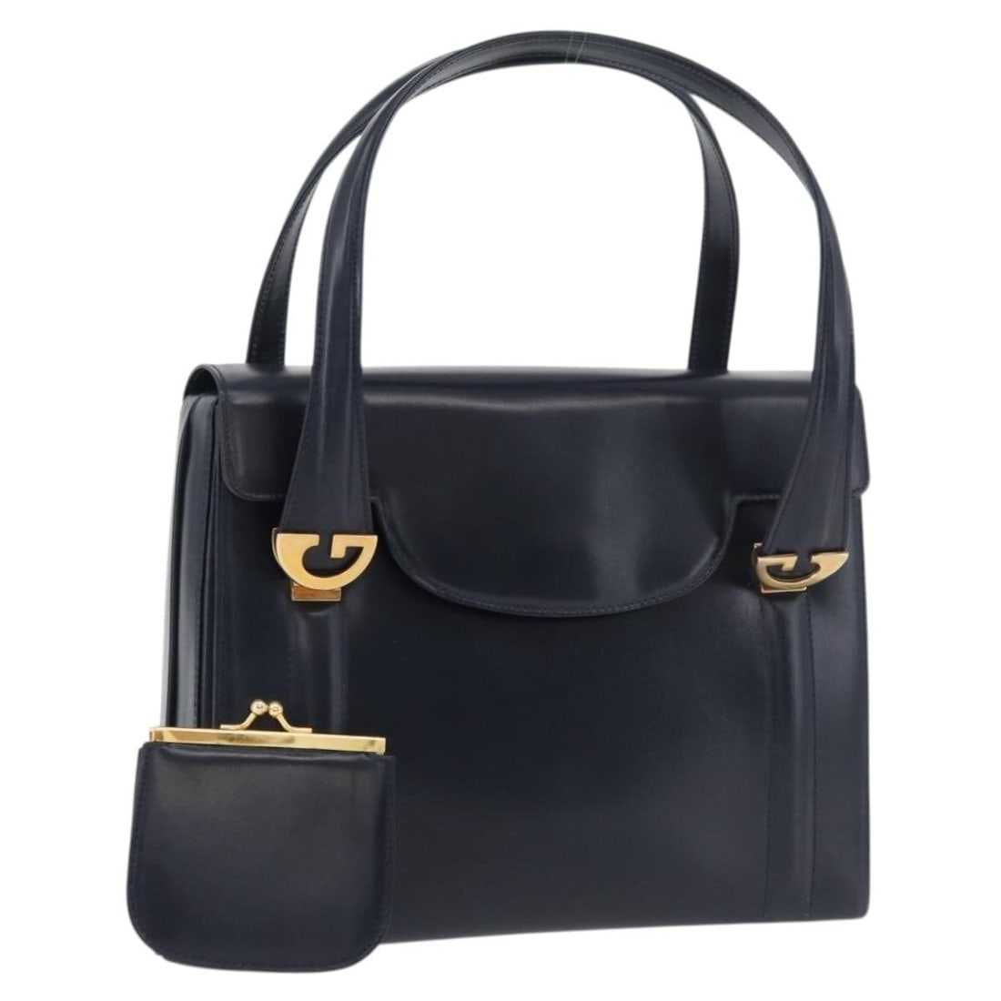 Gucci Navy Gold Leather Women Handbag with Pouch Italy: Gucci Navy Gold Leather Women Handbag with Pouch Italy This GUCCI handbag is crafted from leather in a navy and gold color combination. Designed for women, it features a classic silhouette with a top 