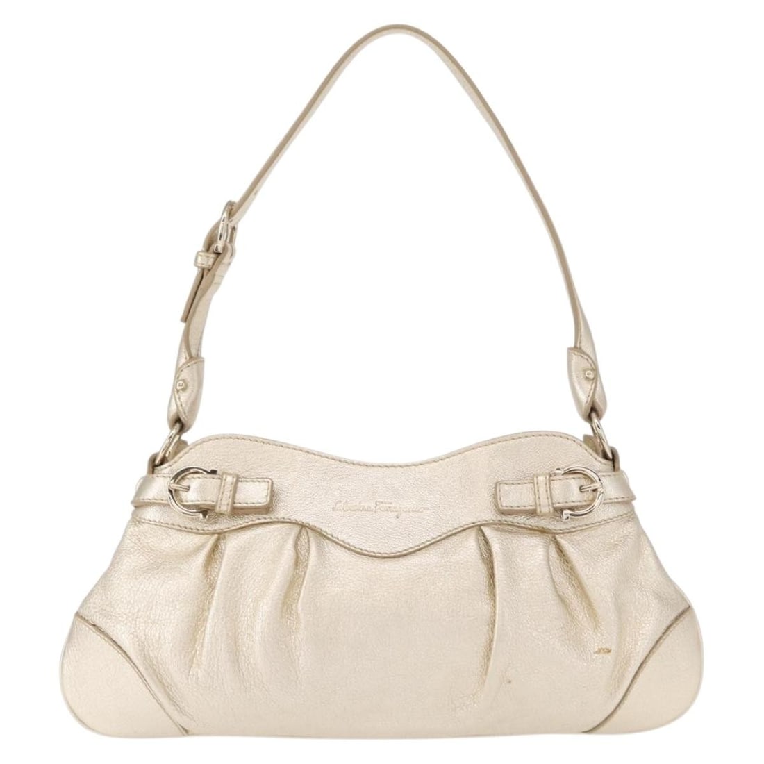 Leather Gancini Shoulder Bag by Salvatore Ferragamo in Gold: Leather Gancini Shoulder Bag by Salvatore Ferragamo in Gold This Salvatore Ferragamo Gancini shoulder bag is crafted from leather and features a gold color finish. Designed for women, the bag offers a
