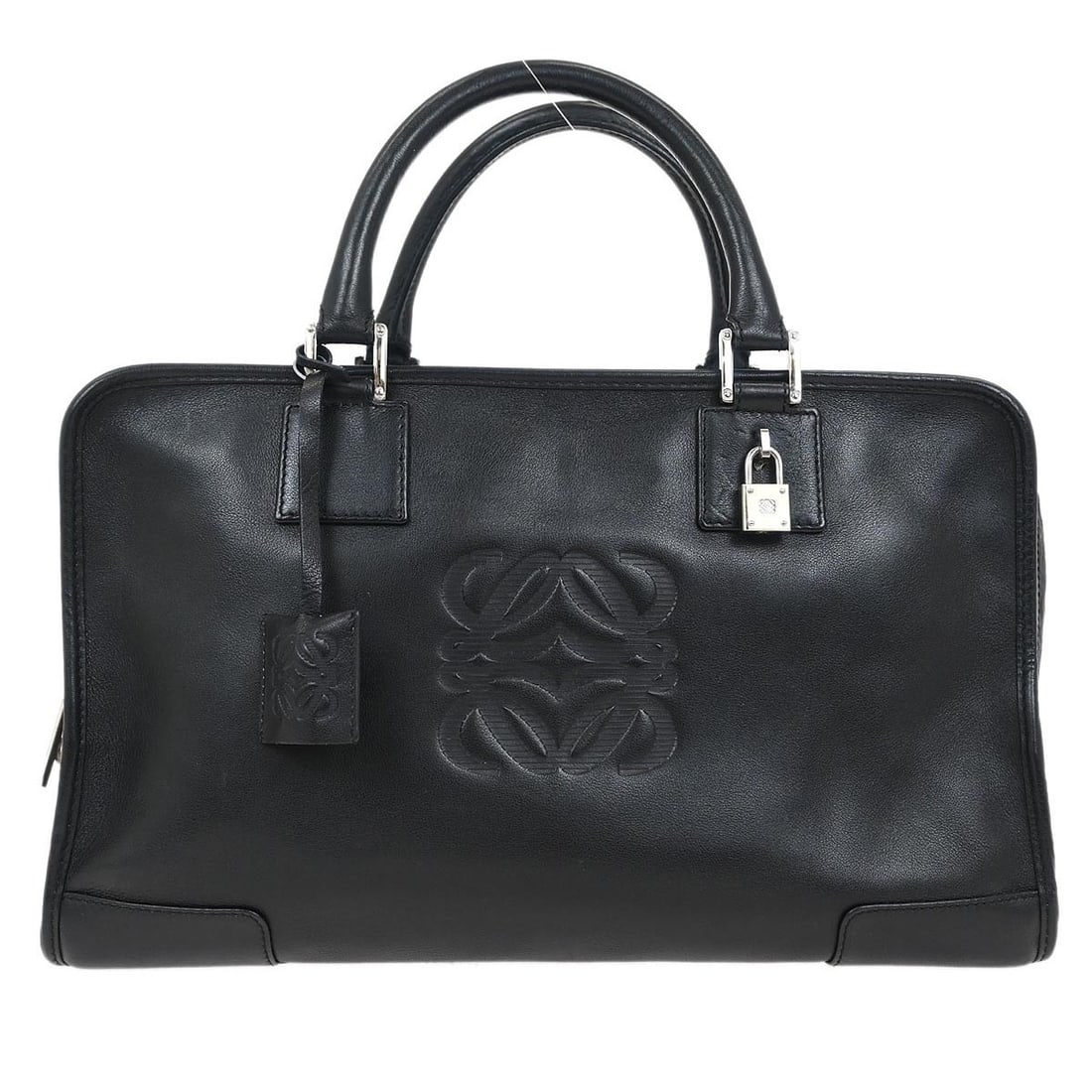 Leather Loewe Amazona NM Handbag Black 36cm x 23cm x 16cm: Leather Loewe Amazona NM Handbag Black 36cm x 23cm x 16cm This pre-owned Loewe Amazona NM handbag is crafted from black leather and designed for women. It features a structured silhouette with ample s