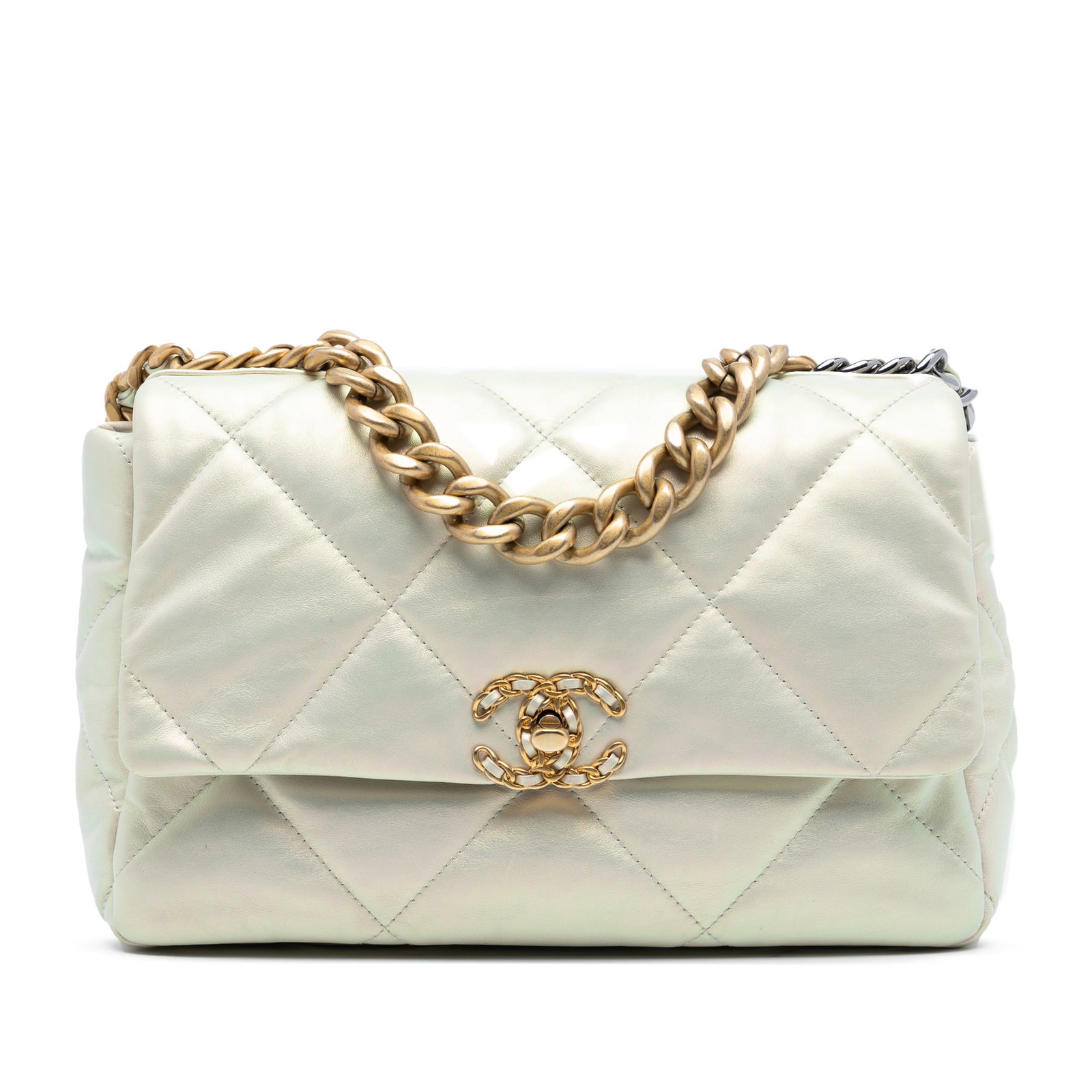 Chanel 19 Large Flap Bag in Iridescent Quilted Lambskin Silver: Chanel 19 Large Flap Bag in Iridescent Quilted Lambskin Silver This Chanel Large Iridescent Lambskin 19 Flap bag features a quilted lambskin leather body with a metallic silver color, a gold-tone chai
