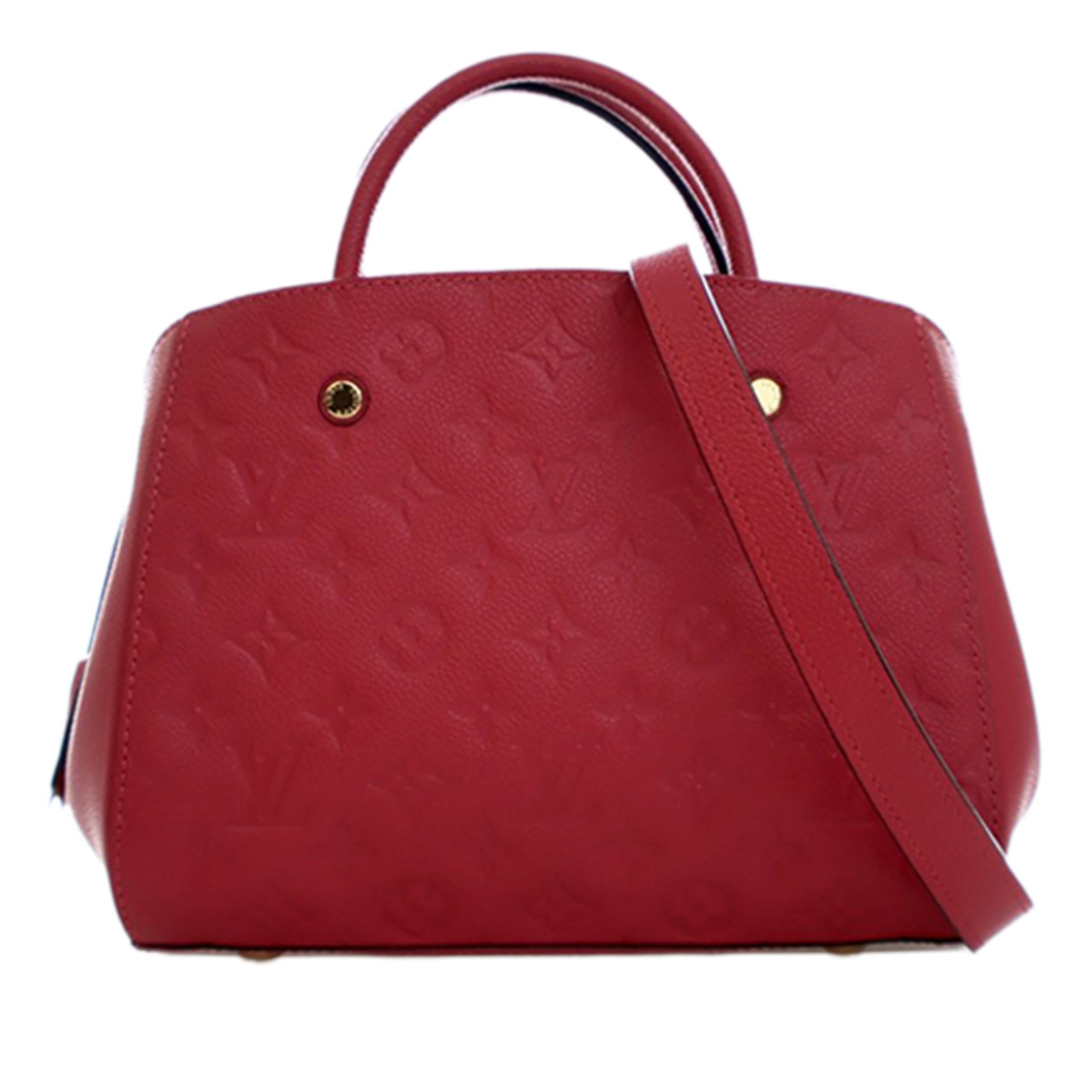 Louis Vuitton Montaigne BB Red Leather Bag with Detachable Strap: Louis Vuitton Montaigne BB Red Leather Bag with Detachable Strap This Louis Vuitton Montaigne BB bag is crafted from monogram empreinte leather in red and features rolled handles, a detachable flat st