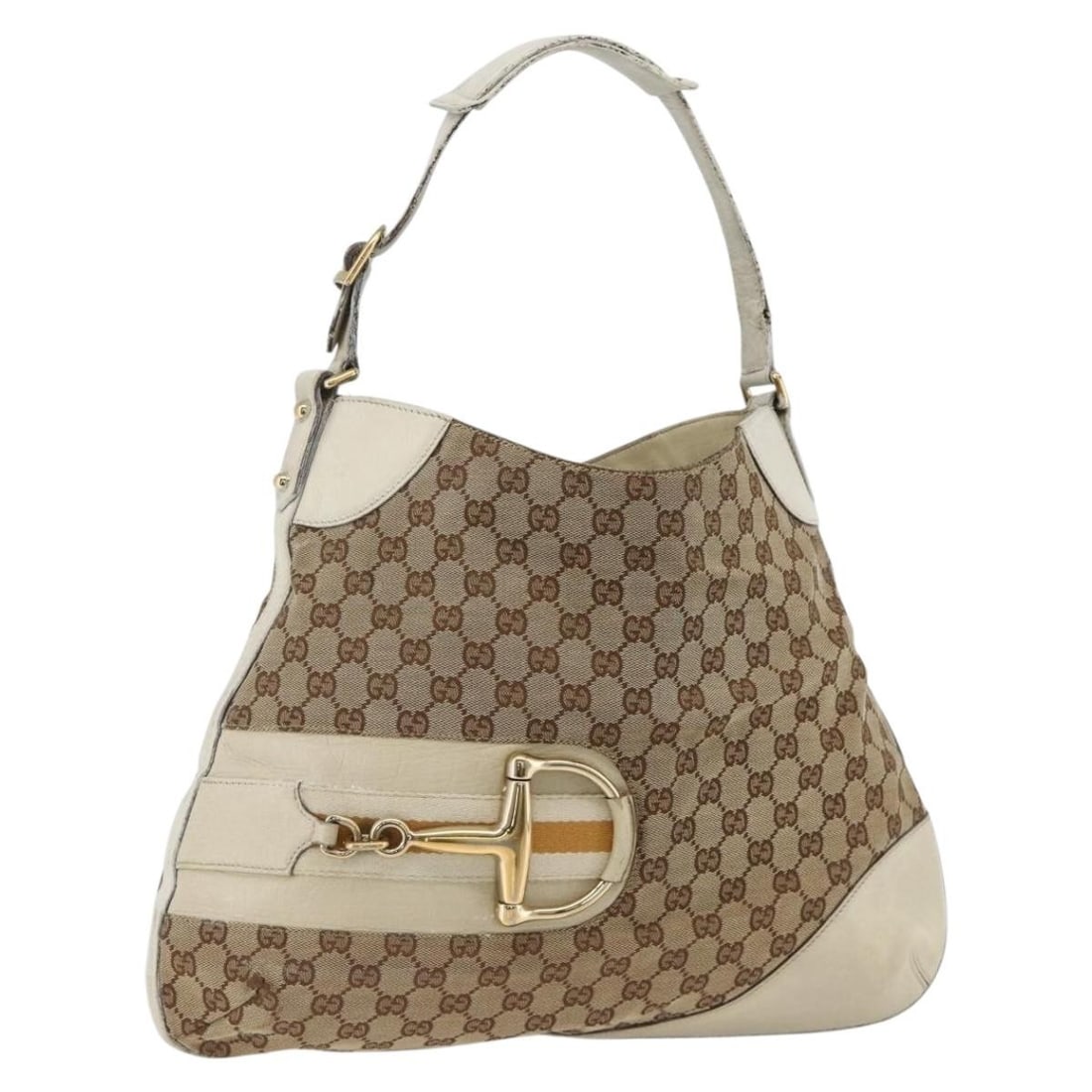 Gucci GG Canvas Horsebit Beige Gold Shoulder Bag for Women: Gucci GG Canvas Horsebit Beige Gold Shoulder Bag for Women This is a Gucci GG Canvas Horsebit shoulder bag in beige and gold tones. Made in Italy, the bag features a GG canvas exterior with a signatur