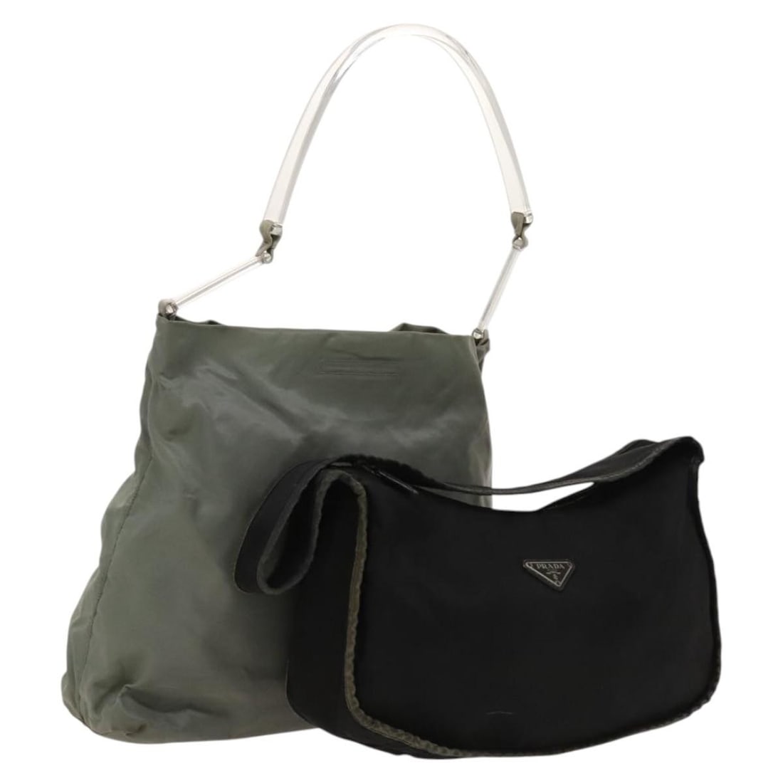 Prada Nylon Black Green Shoulder Bag with Guarantee Card: Prada Nylon Black Green Shoulder Bag with Guarantee Card This PRADA shoulder bag set includes two nylon bags in black and green. Designed for women, both bags are made in Italy and feature a classic s