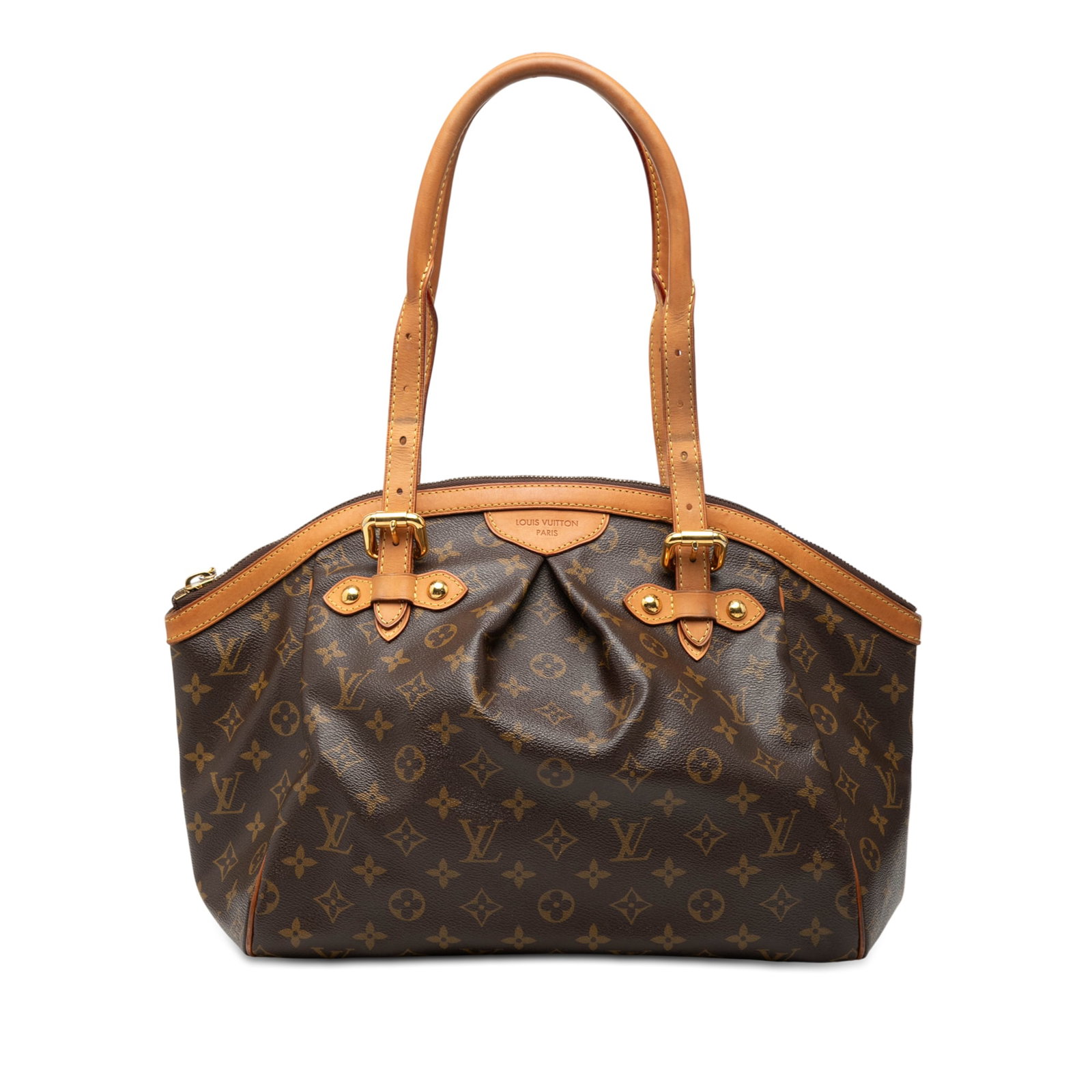 Louis Vuitton Tivoli GM Brown Monogram Canvas Shoulder Bag with Leather Trim: Louis Vuitton Tivoli GM Brown Monogram Canvas Shoulder Bag with Leather Trim The Louis Vuitton Monogram Tivoli GM features a monogram canvas body with vachetta leather trim and adjustable rolled vache