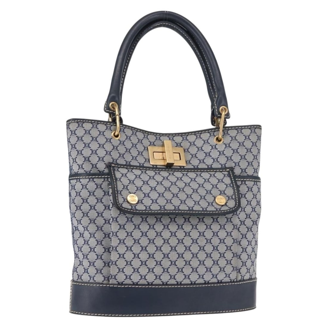 CELINE Macadam Canvas Hand Bag Blue Gold Made in Italy: CELINE Macadam Canvas Hand Bag Blue Gold Made in Italy This authentic CELINE Macadam Canvas Hand Bag features a stylish blue and gold color scheme, perfect for adding a touch of elegance to any outfit