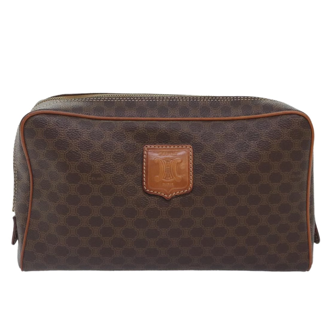 Celine Macadam Pochette brown canvas and leather clutch bag: Celine Macadam Pochette brown canvas and leather clutch bag This Celine Macadam Pochette is crafted from brown canvas with leather accents, designed for female use. The bag features signs of rubbing a