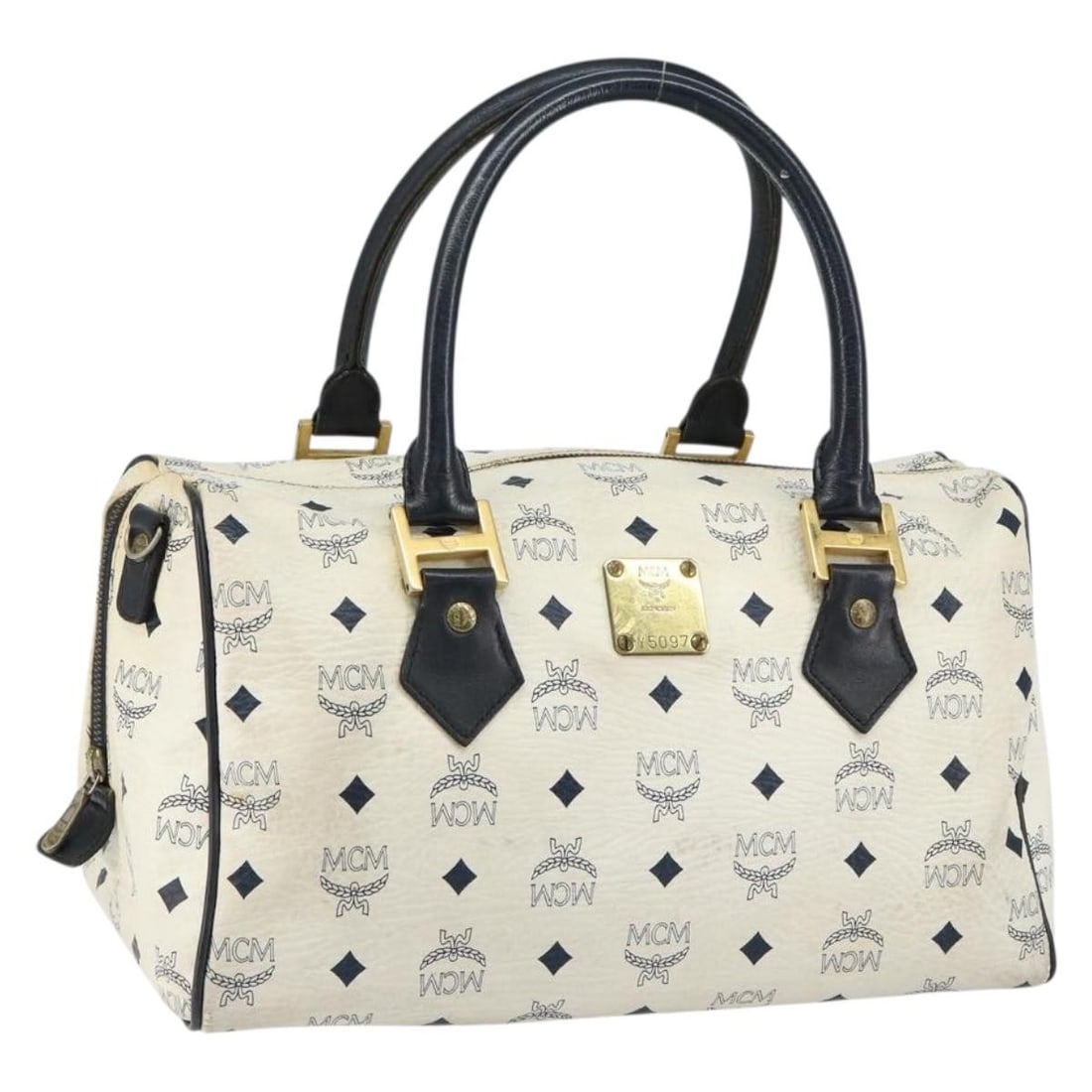 MCM Logogram Boston Bag PVC Leather White Gold Authentic: MCM Logogram Boston Bag PVC Leather White Gold Authentic The MCM Logogram Vicetos Boston Bag is a stylish accessory crafted from durable PVC leather in a classic white and gold color combination. This