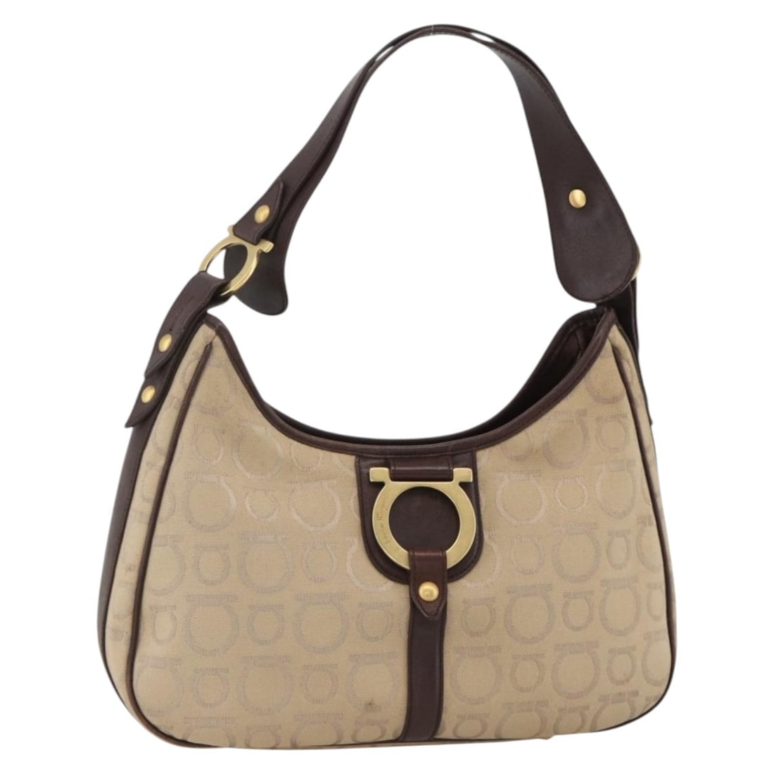 Salvatore Ferragamo Brown Canvas Gancini Shoulder Bag Gold Hardware Italy: Salvatore Ferragamo Brown Canvas Gancini Shoulder Bag Gold Hardware Italy This Salvatore Ferragamo Gancini shoulder bag features a brown and gold canvas exterior with gold-tone accents. Designed for w