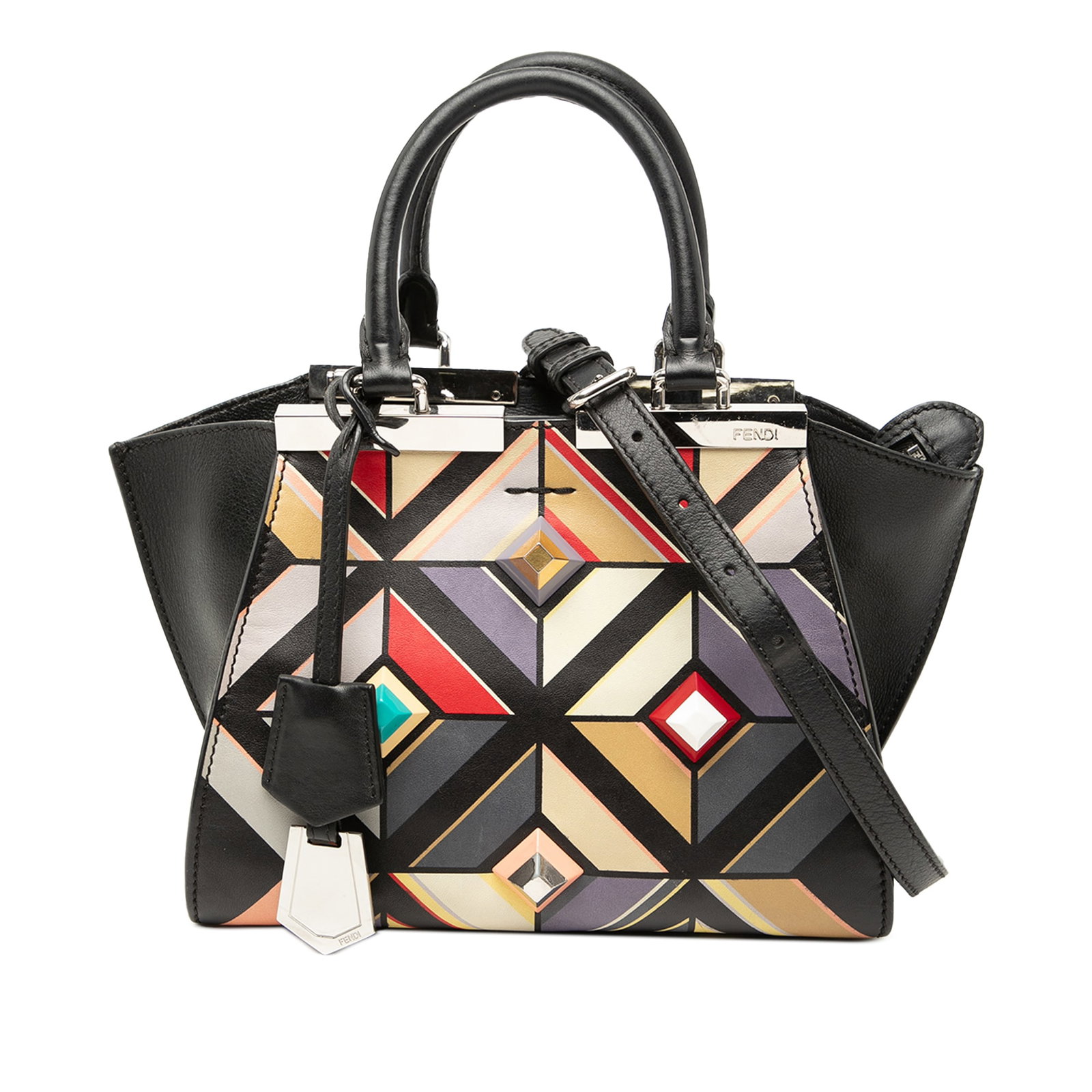 Fendi Mini 3Jours Black Leather Satchel with Stud Embellishments: Fendi Mini 3Jours Black Leather Satchel with Stud Embellishments This Fendi Mini Calfskin Studded Geometric 3Jours Satchel features a printed leather exterior with stud embellishments, rolled leather 