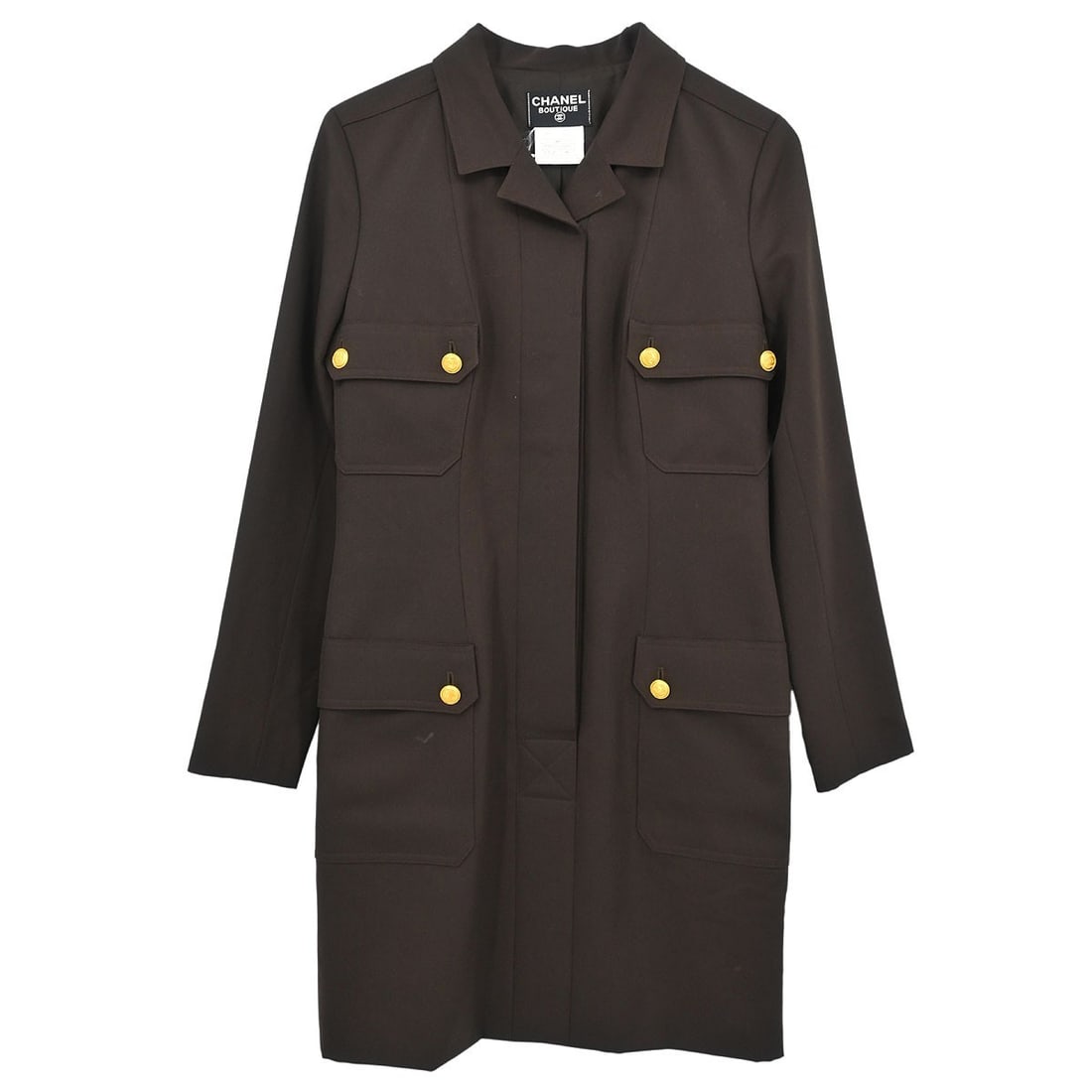 Chanel Brown Wool Single Breasted Jacket 96A Size 38: Chanel Brown Wool Single Breasted Jacket 96A Size 38 This elegant Chanel single-breasted jacket features a classic collared neckline and long sleeves, perfect for casual occasions. Crafted from 100% w