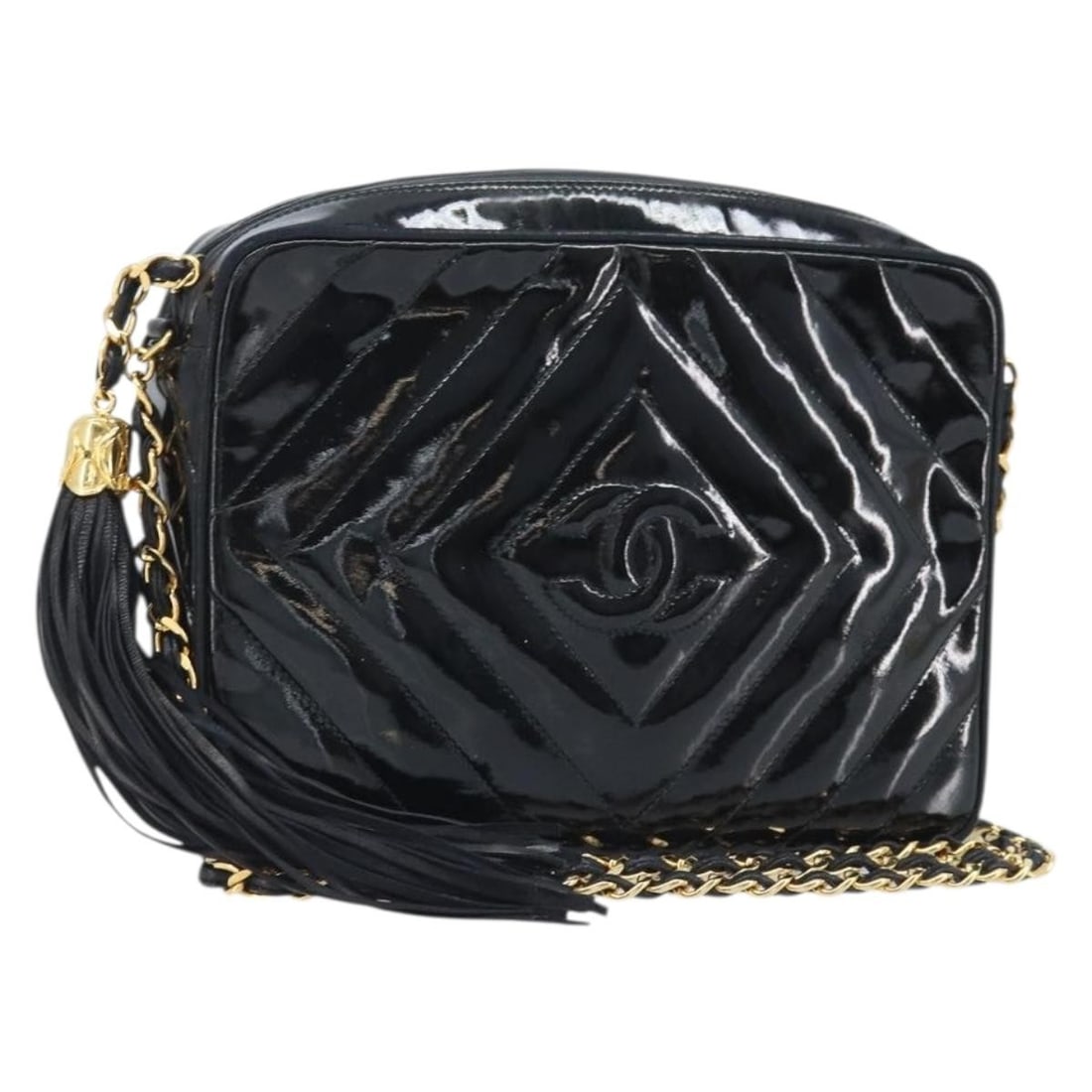 Chanel Coco Mark Black Patent Leather Shoulder Bag with Gold Chain CC: Chanel Coco Mark Black Patent Leather Shoulder Bag with Gold Chain CC This CHANEL COCO Mark chain shoulder bag is crafted from black patent leather with gold-tone accents. The bag features the iconic 