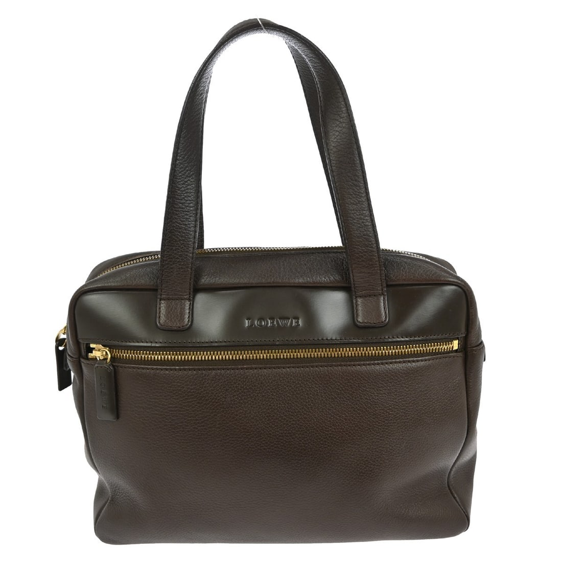 Loewe Brown Leather Tote Bag Medium Double Handles Zip: Loewe Brown Leather Tote Bag Medium Double Handles Zip This Loewe brown tote handbag is crafted from leather and features double leather handles with a 1-inch drop. The medium-sized bag has a zip clos