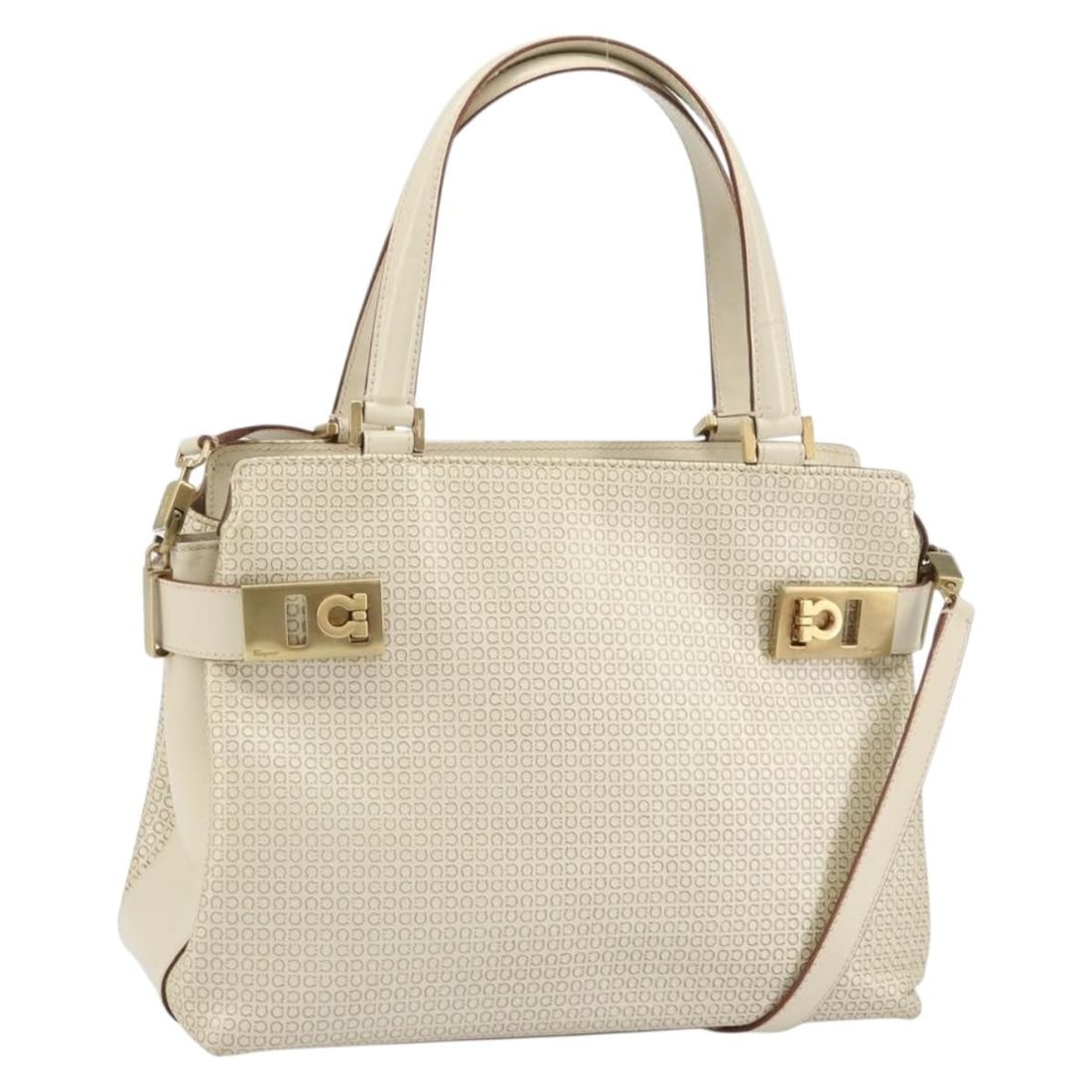 Salvatore Ferragamo Gancini Leather Hand Bag White Gold Auth BA8684: Salvatore Ferragamo Gancini Leather Hand Bag White Gold Auth BA8684 This elegant Salvatore Ferragamo Gancini Hand Bag combines timeless style with practicality. Crafted from high-quality leather, it f
