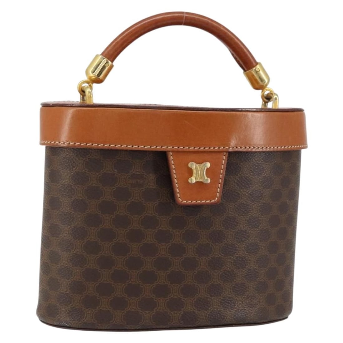 CELINE Macadam Canvas Brown Gold Vanity Pouch PVC Leather Made in Italy: CELINE Macadam Canvas Brown Gold Vanity Pouch PVC Leather Made in Italy This CELINE Macadam Canvas Vanity Pouch is a stylish accessory crafted in Italy. Made from durable PVC leather and featuring a c