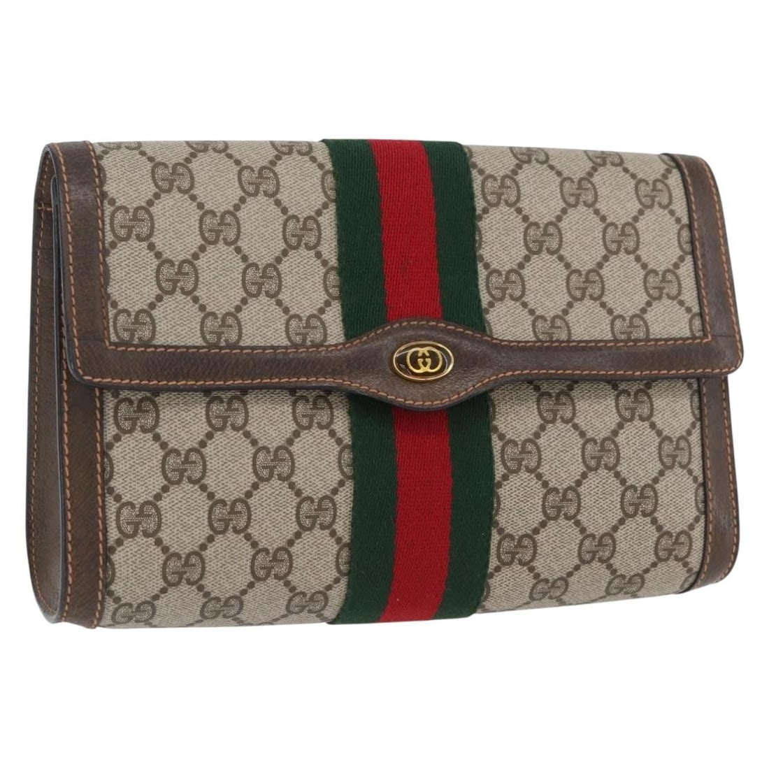 Gucci GG Supreme Beige Red PVC Leather Clutch Web Sherry Line 84 01 006: Gucci GG Supreme Beige Red PVC Leather Clutch Web Sherry Line 84 01 006 This Gucci GG Supreme Web Sherry Line clutch bag features a beige and red color scheme, crafted from PVC leather and GG canvas. 