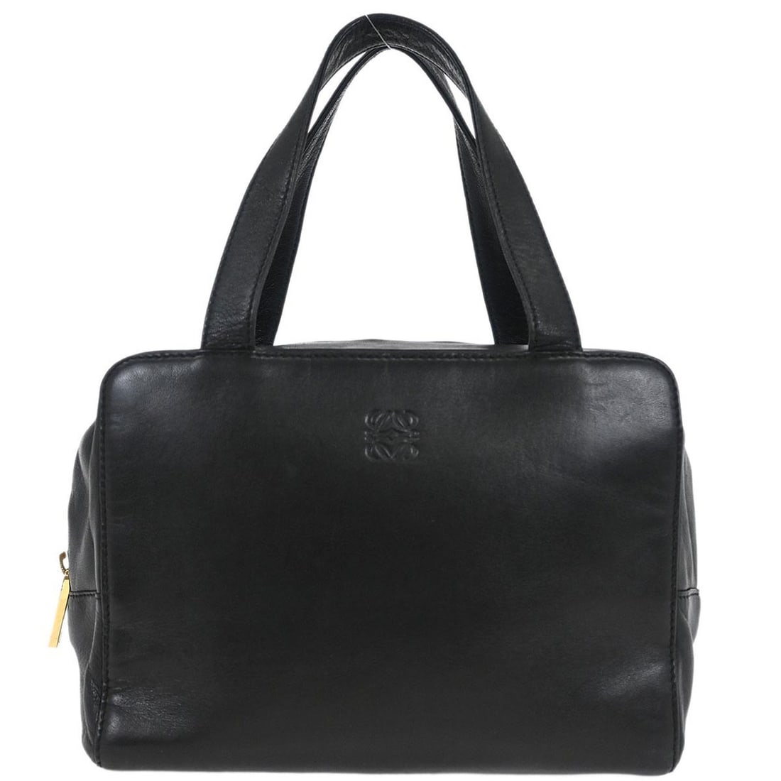 Loewe Black Lambskin Top Handle Handbag with Inner Pockets: Loewe Black Lambskin Top Handle Handbag with Inner Pockets Introducing a stylish Loewe Black Lambskin Handbag, the perfect blend of elegance and functionality. This small top handle bag features a sle